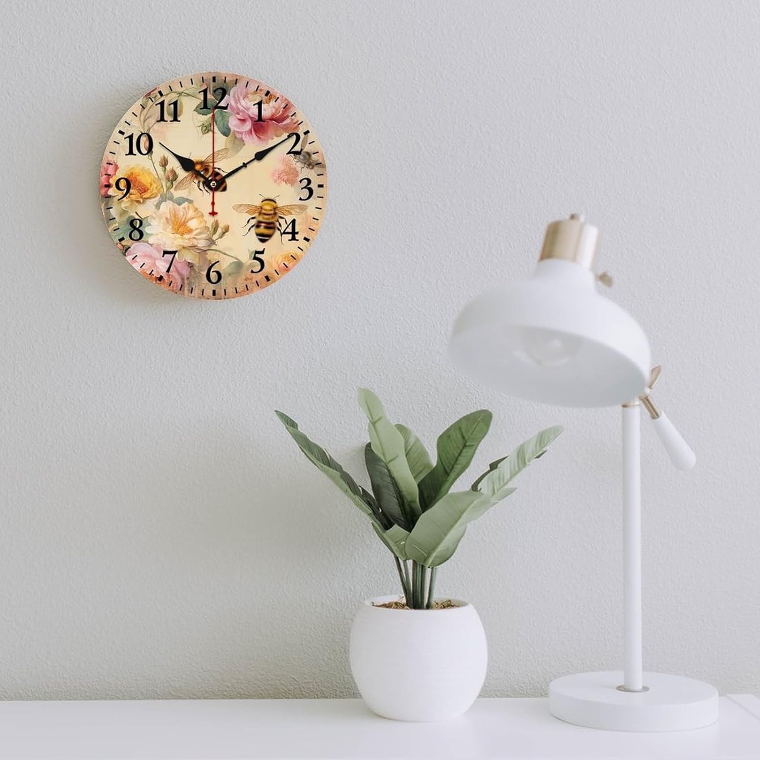 12 Inch Wall Clock Rustic Vintage Honey Bees & Floral Roses Rustic Wood Wall Clock Non Ticking Arabic Numeral Vintage Watercolor Rose Flowers Leaves Clock Home Office School