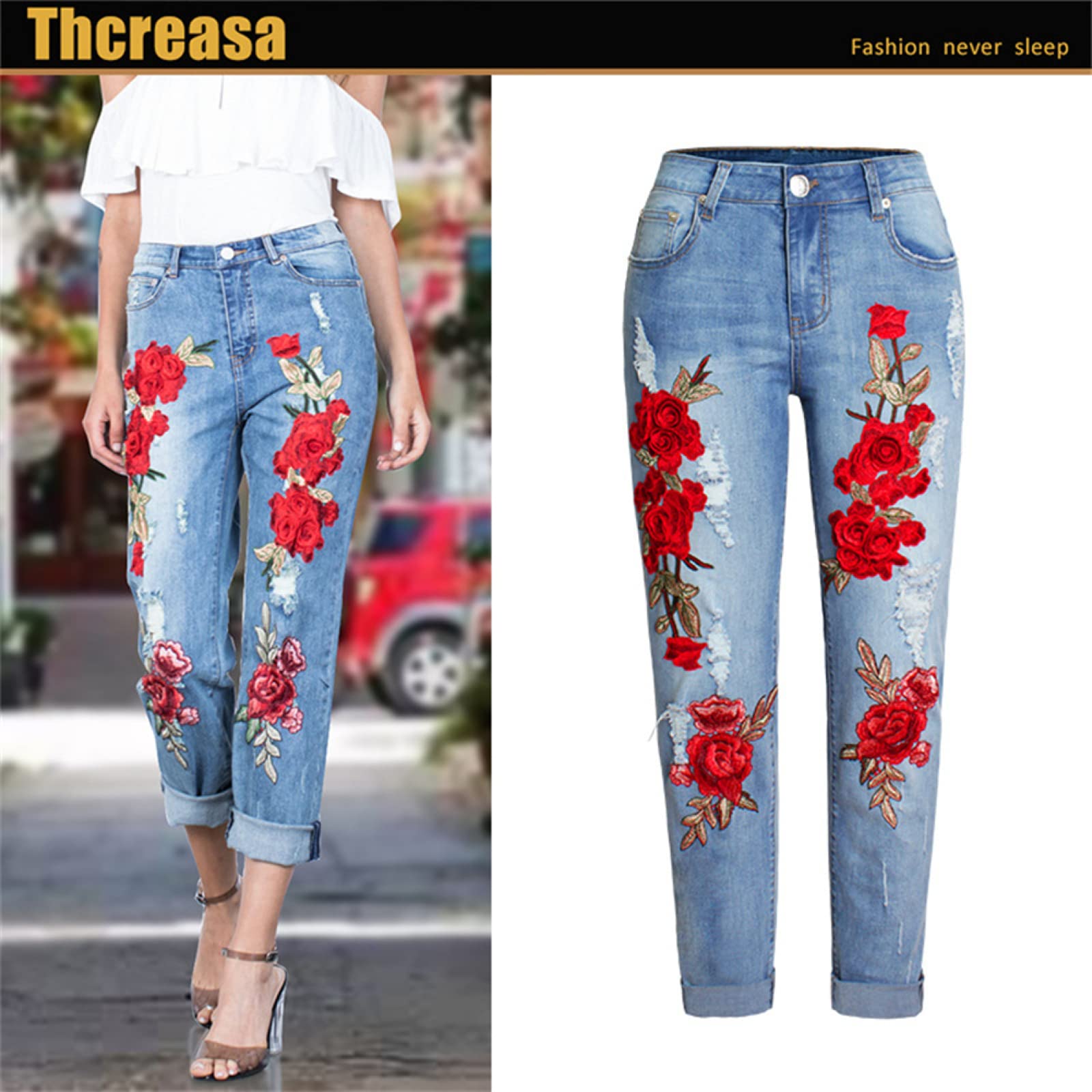 Pantalones Vaqueros Sueltos Elásticos para Mujer, Pantalones Vaqueros Perforados con Bordado 3D De Flores Coloridas para Mujer