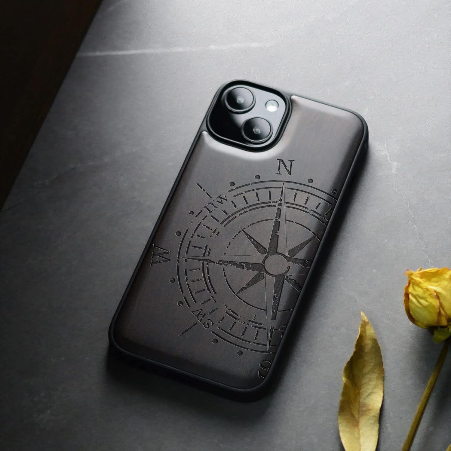 Carveit Magnetic Wooden Case for iPhone 15 Case, Compatible with MagSafe Wireless Chargers, Black Soft TPU Shockproof Cover & Wood Artisan Engraved (Incomplete Compass) - Blackwood - Image 4