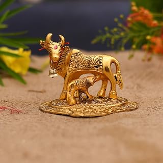 RSGM Indian Handcrafted Golden Finished Metal Kamdhenu Cow with Calf Statue for Religious Home Decor, Gifting (Gold)