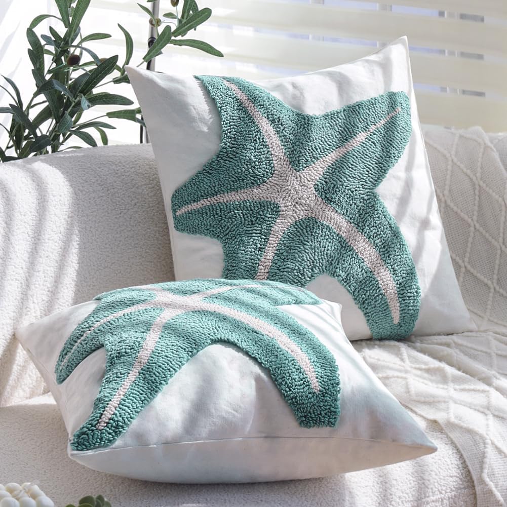 Tufted Starfish Throw Pillow Cover Set of 2, 18x18 Inch Beachy Coastal Decor Pillows for Couch Bed Sofa, Soft Canvas Decorative Pillow Covers with Ocean Theme Accent, Sea Star Tufting Pillowcases