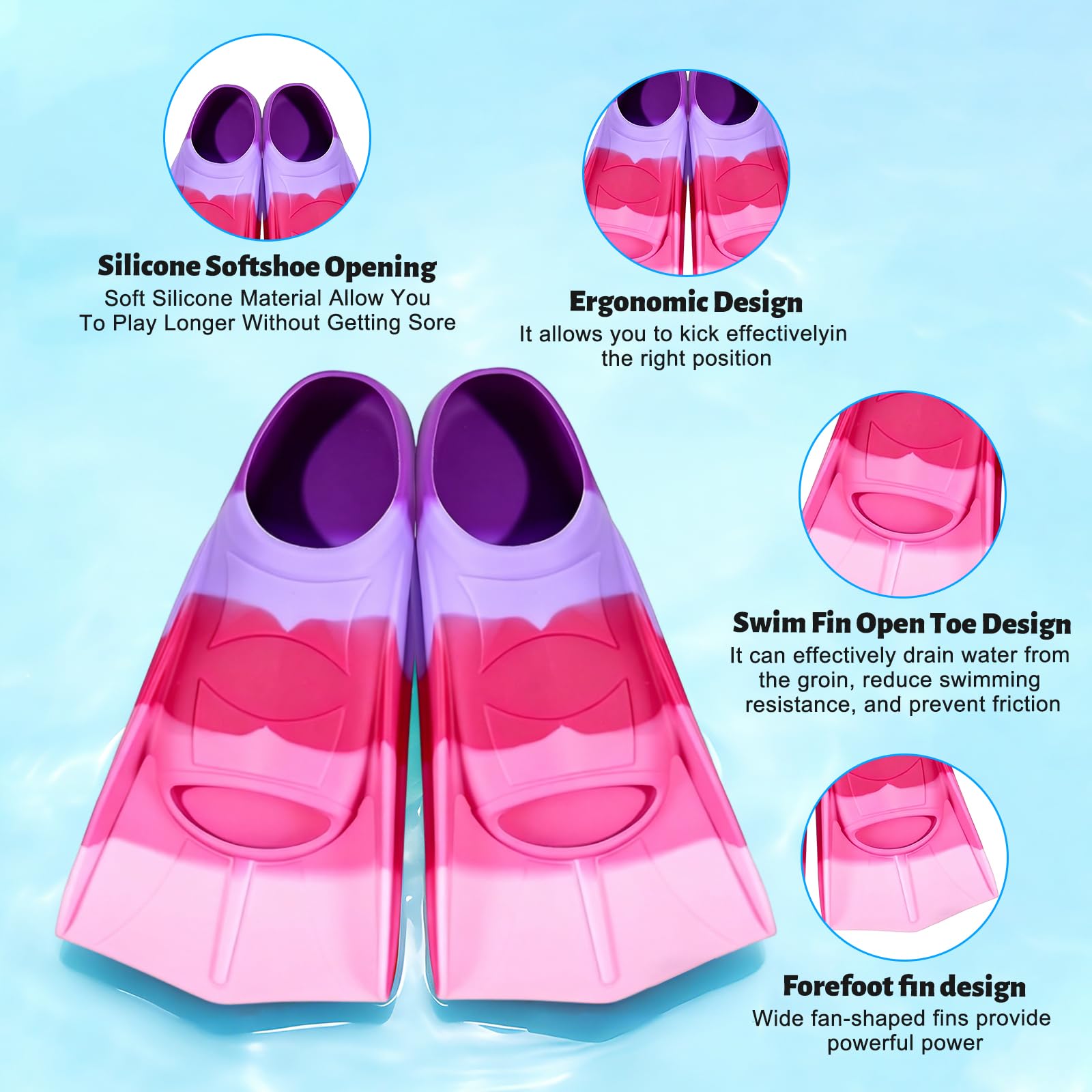 Schwimmflossen Kinder, 100% Silikon Schnorchelflossen, Kurze Flossen Kinder, Kurzschwimmflossen für Schwimmtraining, Freiwassertraining, Schnorcheln, Tauchen für Anfänger