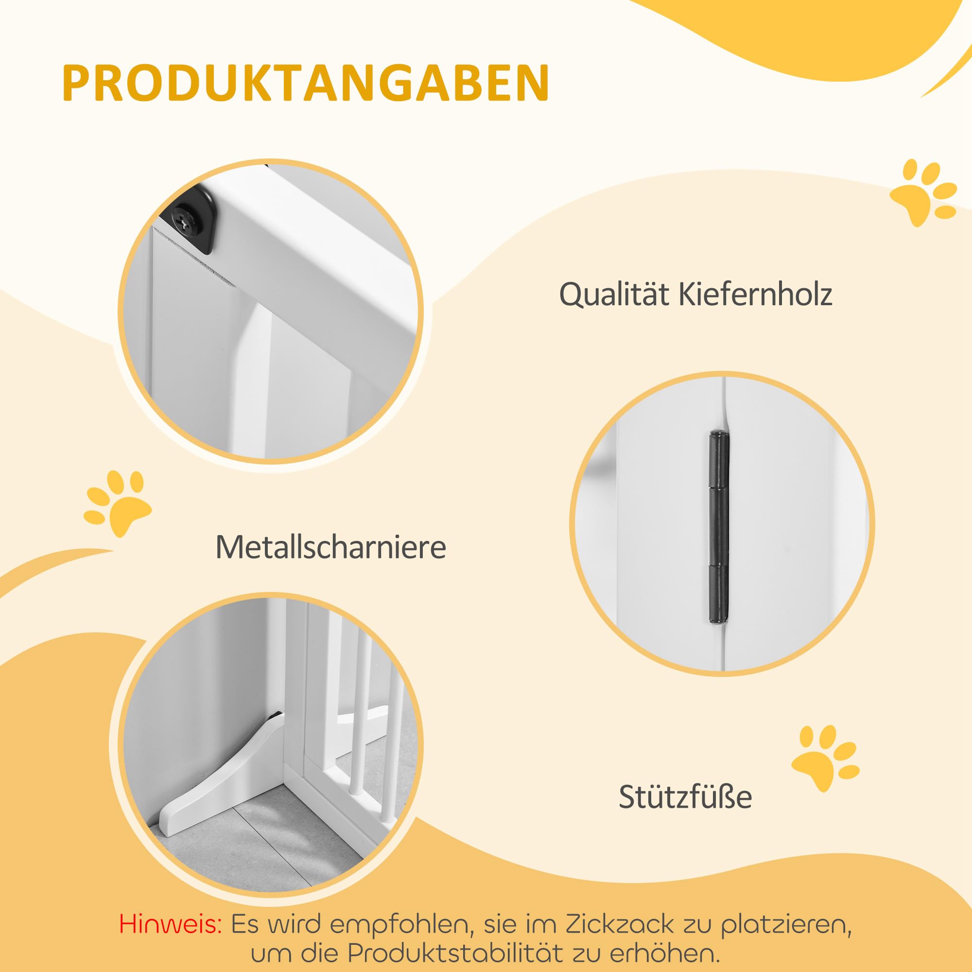 PawHut Absperrgitter Hund Freistehend Verstellbar 113-166 x 71 cm Weiß | Schutzgitter mit Füßen, Treppentürgitter Holz, Hundeabsperrgitter, für Treppen Türen Küche Flur, 3 Paneelen
