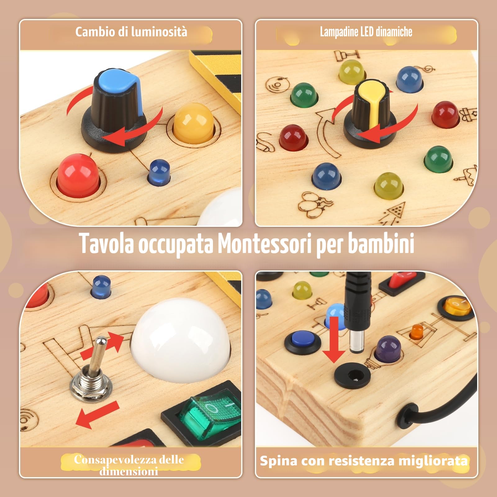 Joyreal Montessori Busy Board, Pannello Sensoriale Bambini Montessori in Legno con 19 LED, Giochi Educativi Regalo Bimbo 1 2 3 Anni, Tavolo Multiattivita Bambini