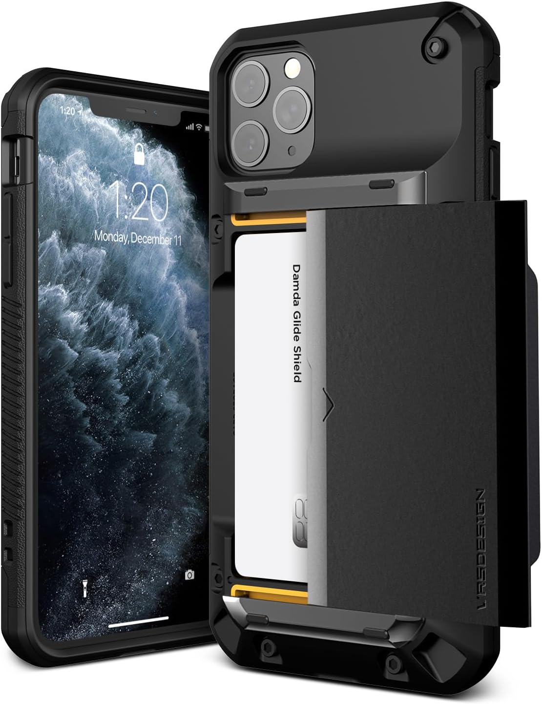 VRS DESIGN Compatible for iPhone 11 Pro Max Case with Card Holder [Damda Glide Pro], Premium Sturdy Semi Auto Card Slot Wallet [4 Cards] Case for iPhone 11 Pro Max 6.5 inch (2019) Logo Black