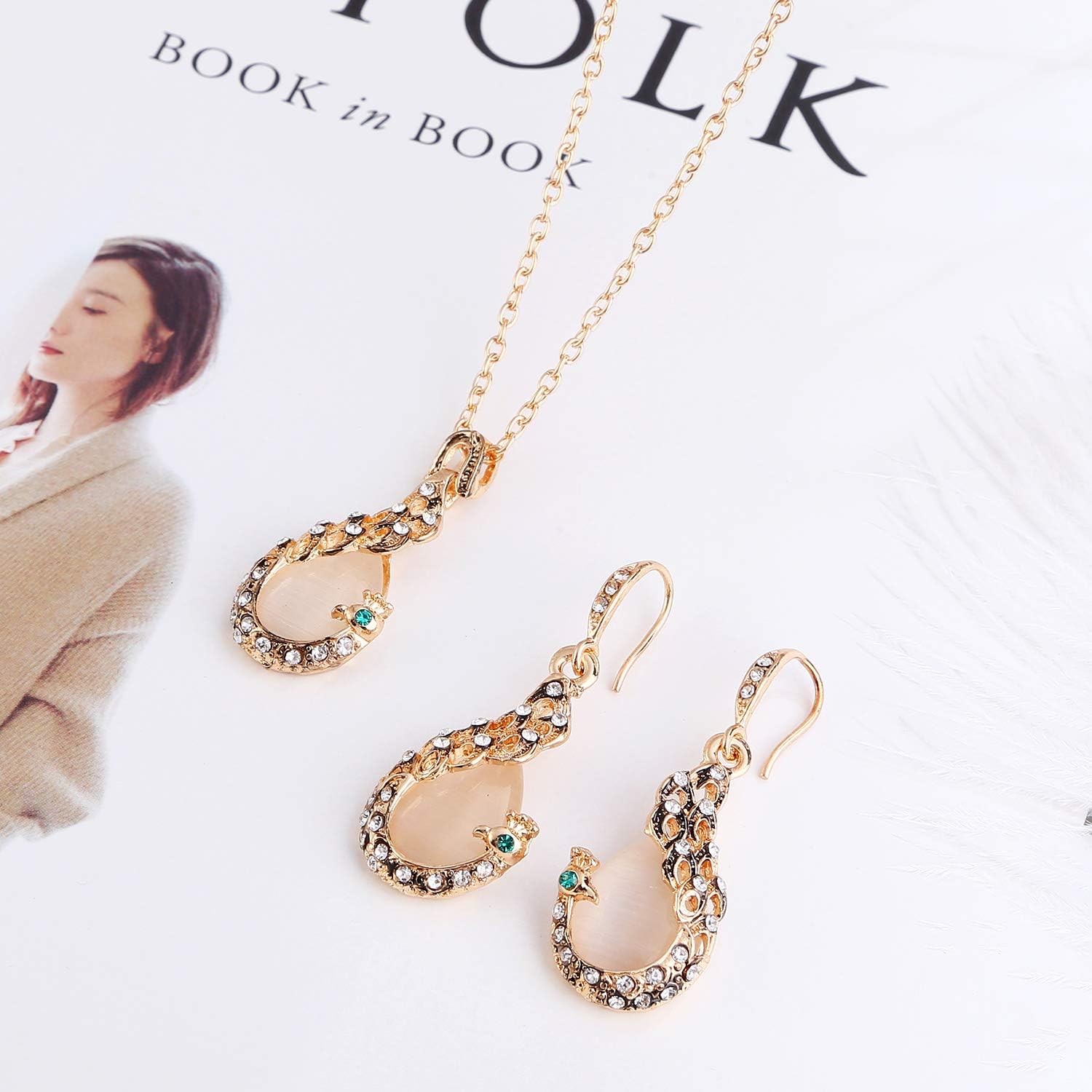 ASHMITA Rose Gold Teardrop Necklace Gemstone Dangle Earrings Wedding Jewelry Set image 4
