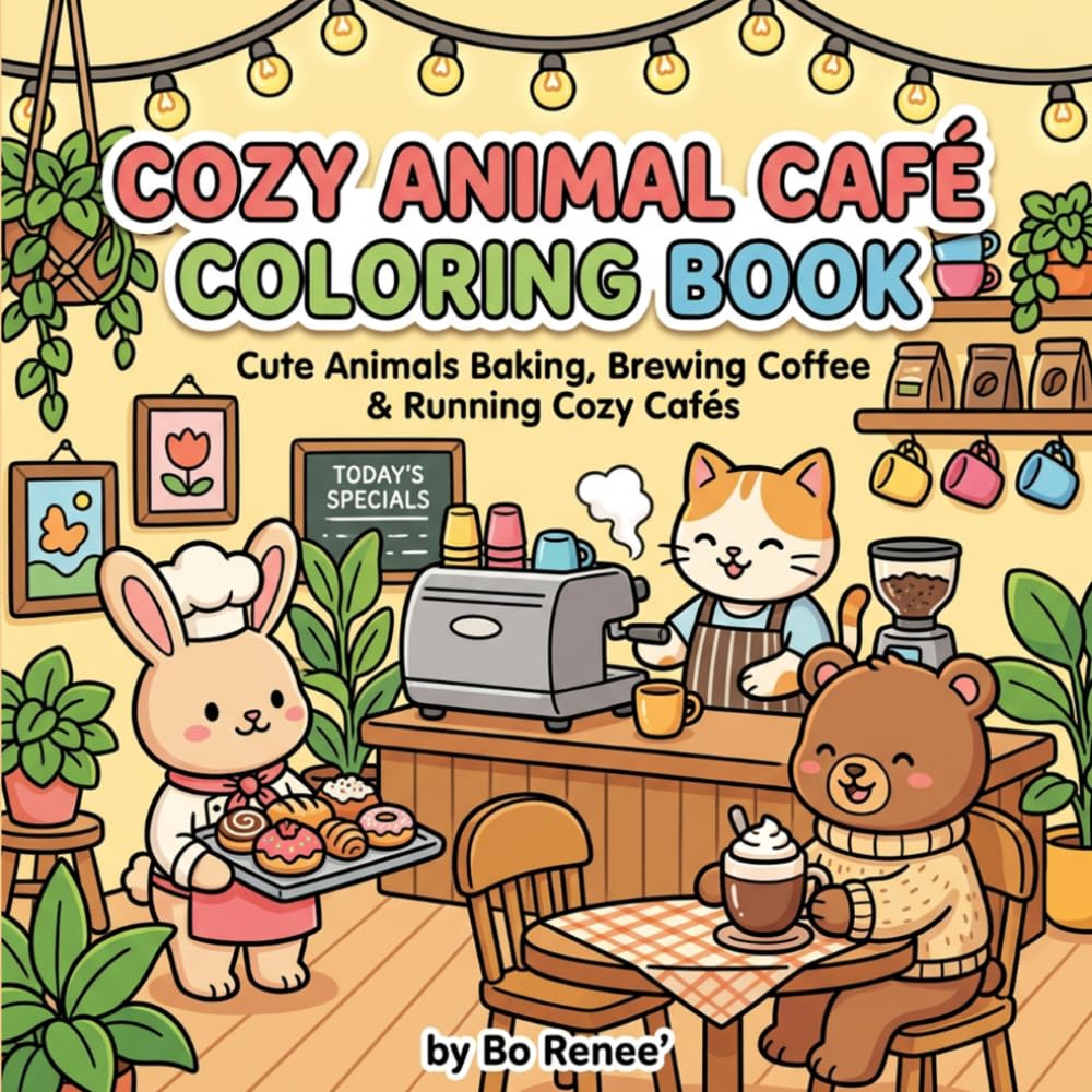 Cute and Cozy Animal Café Coloring Book: Adorable Animals in Coffee Shop Scenes for Relaxation, Stress Relief, and Mindful Coloring (Cute and Cozy Coloring Book Series)
