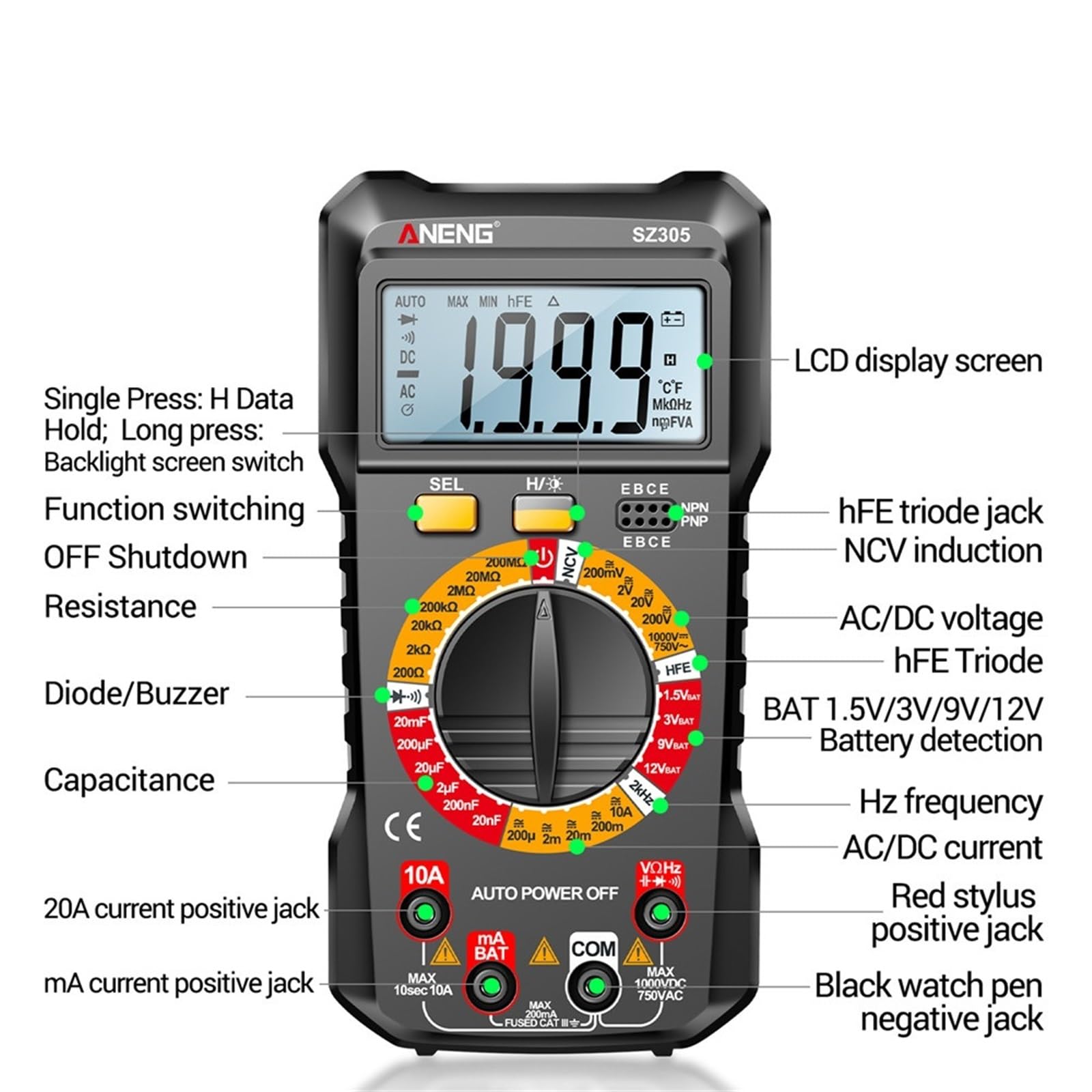 SZ305 1999 profesjonalny licznik multimetru AC/DC tester napięcia amperomierz kondensator hFE trioda Hz detektor instrumentu elektryka (SZ305 Black Pro)