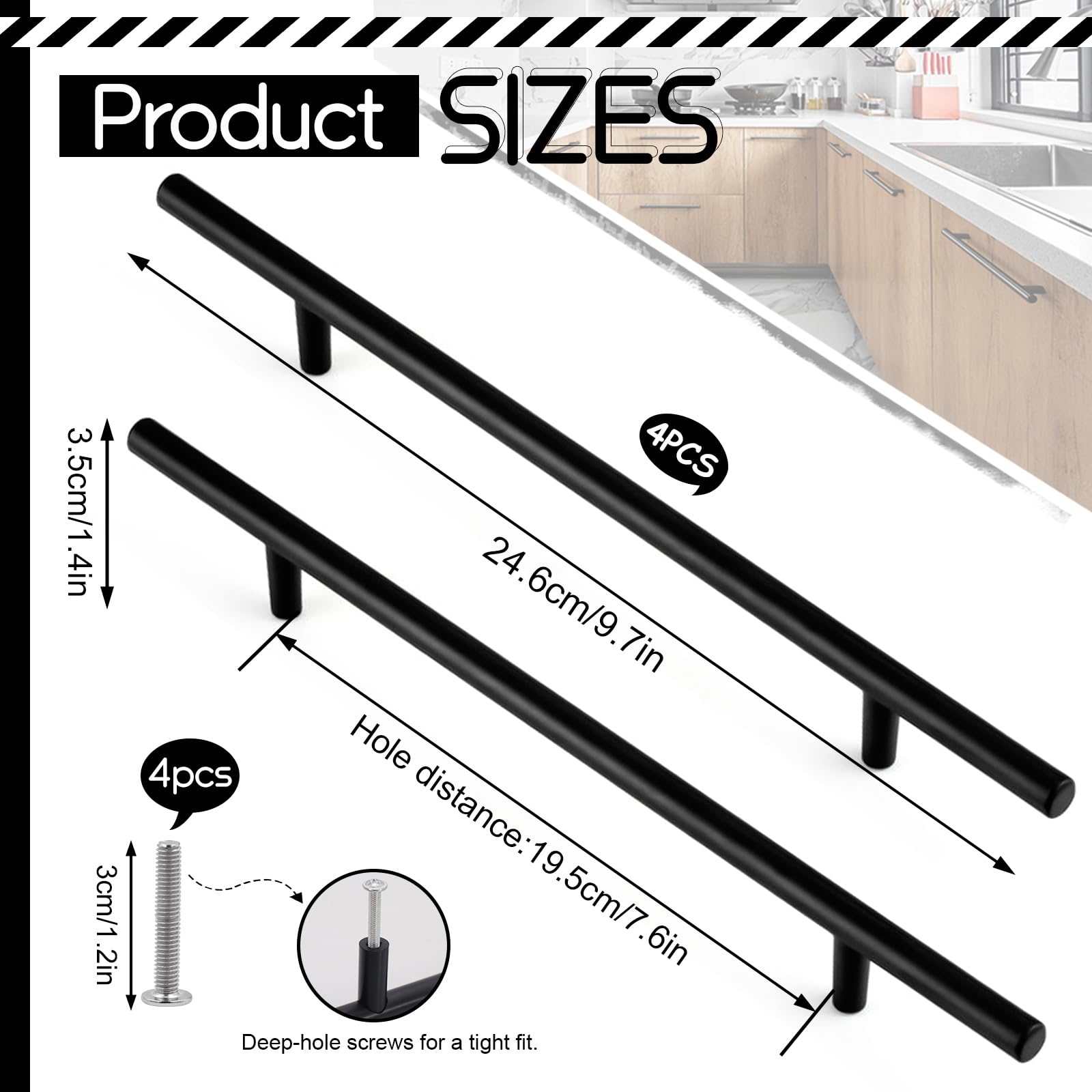 Fatiya 4 Pack 246mm Length Kitchen Cabinet Handles Black, 195mm Hole Center Aluminium Alloy Cabinet Pulls - Image 2