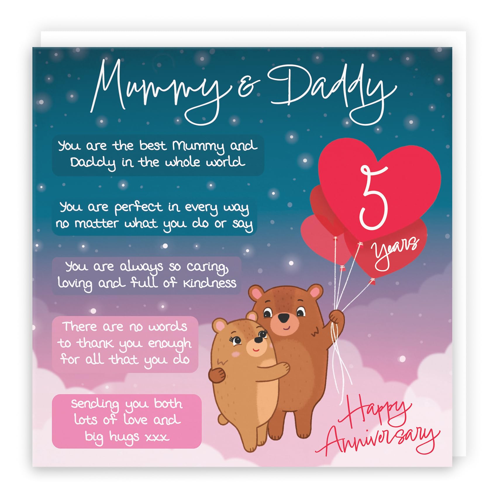 Hunts England - Mummy And Daddy 5th Anniversary Card - Starry Night - Cute Bears - Verse 5th Anniversary Card For Mummy And Daddy - Happy 5th Anniversary Poem Card For Parents