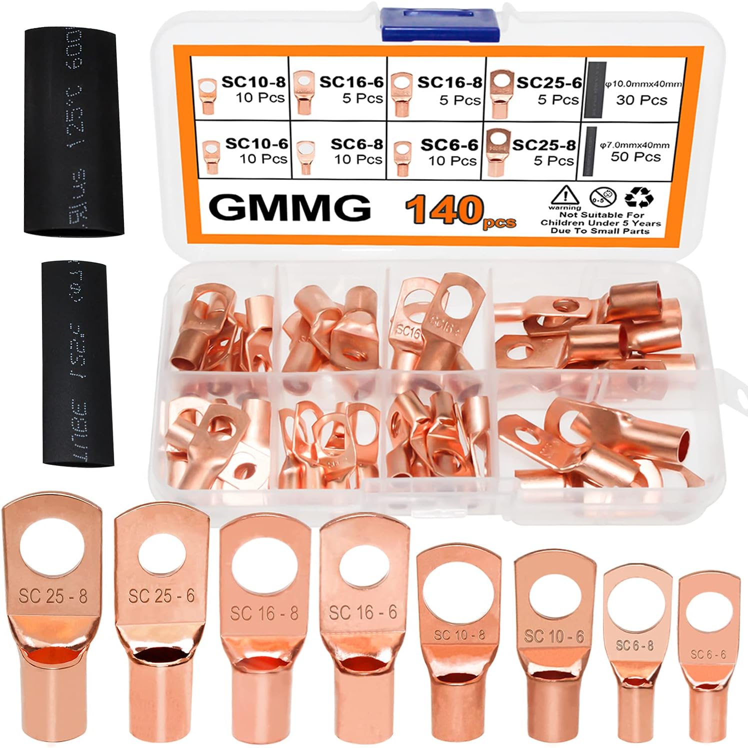 Ring Terminals Copper Wire Lugs Crimp Connectors 60 PCS Terminal Connectors 8 Types SC Tubular Cable lugs, with 80 PCS Heat Shrink(Gold)