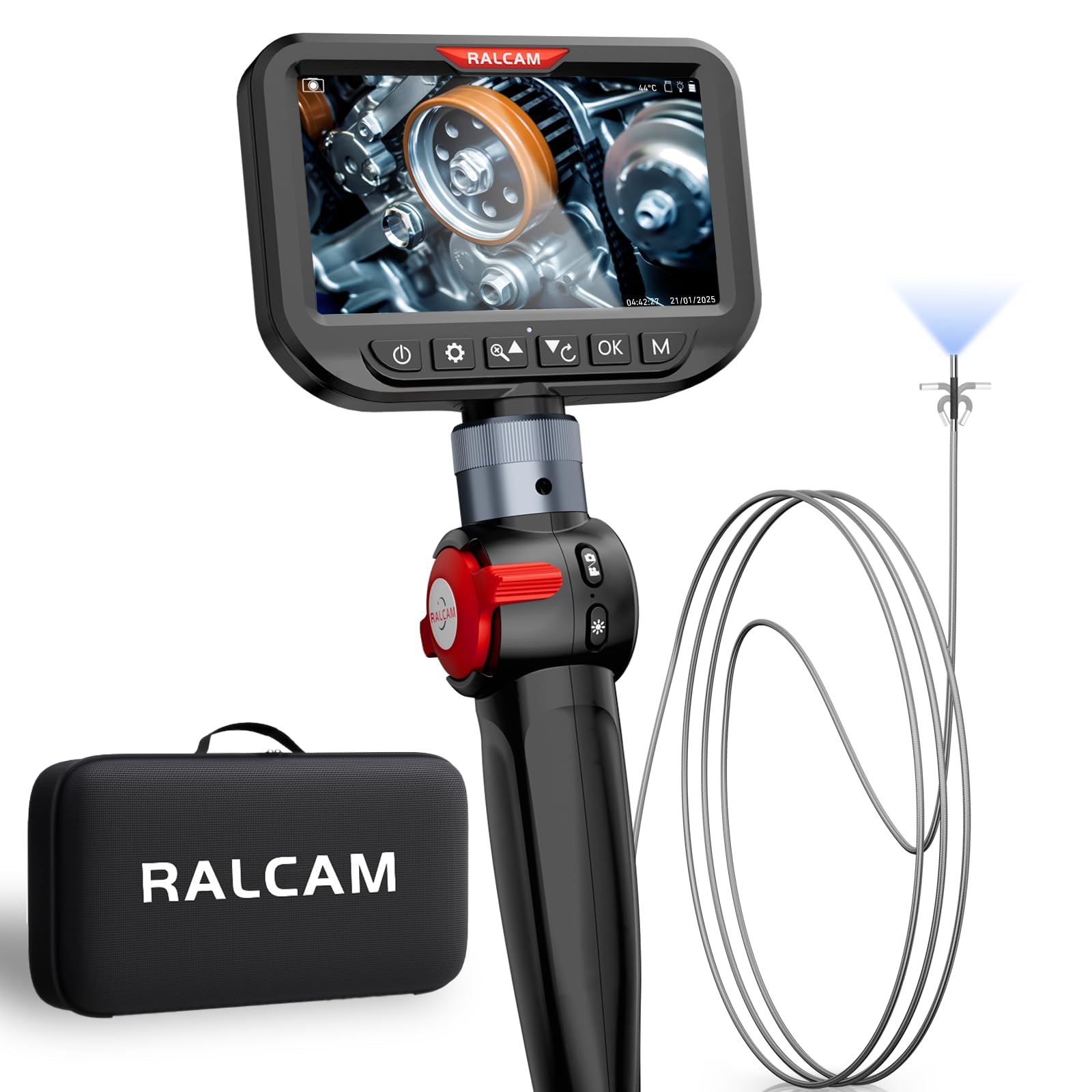 Ralcam Endoskopkamera mit Licht, Endoscope Camera mit 210° beweglichem Kopf, 3.0mm Sonde, 5" HD Bildschirm, IP67 Inspektionskamera, 1,5M Edelstahl-Serpentinenrohr, Rohrkamera für Auto & Haus