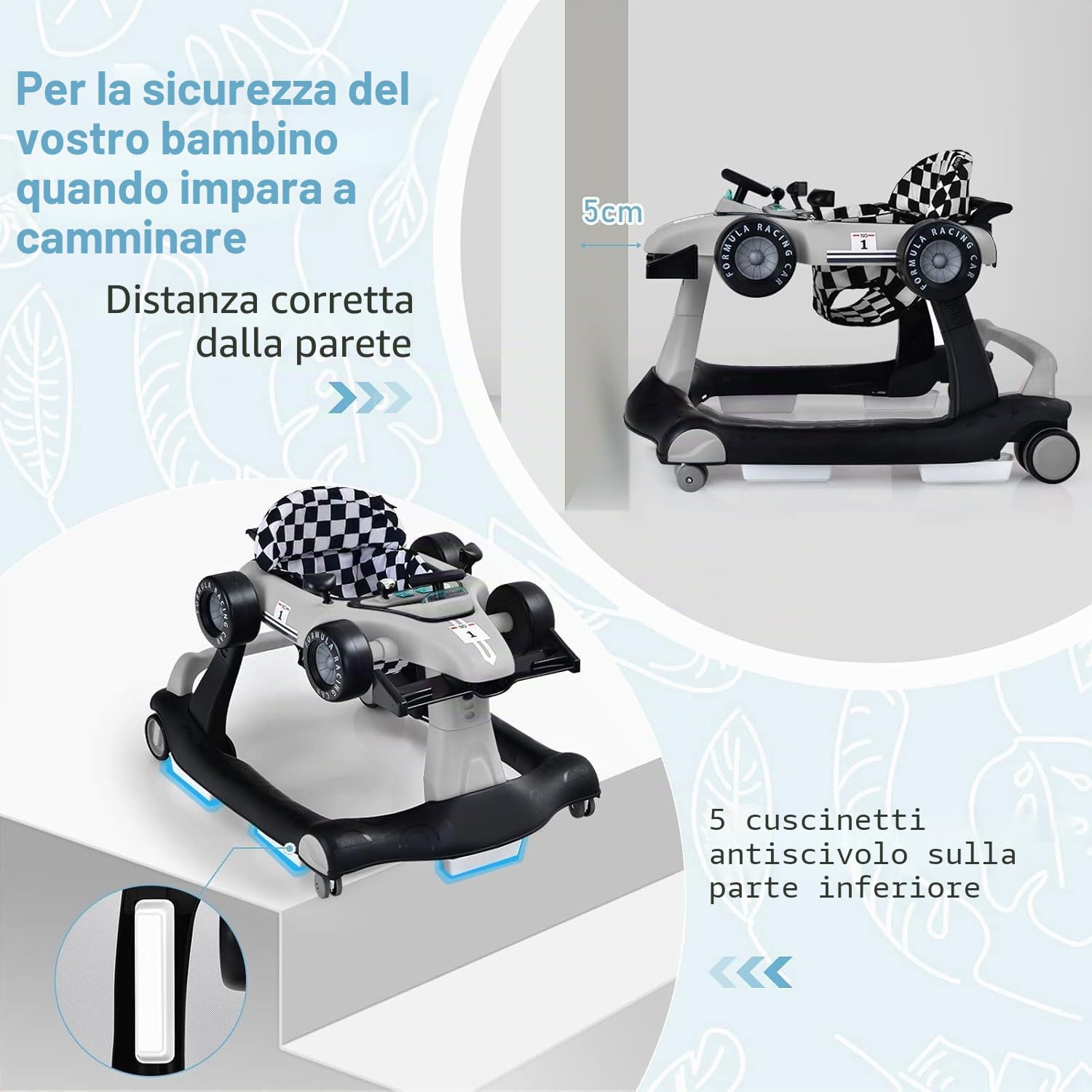FANTASK Girello 4 in 1 con altezza e velocità regolabili, Baby Walker con scatola musicale, luce e ruote, per bambini dai 6 mesi, portata 12 kg (grigio)