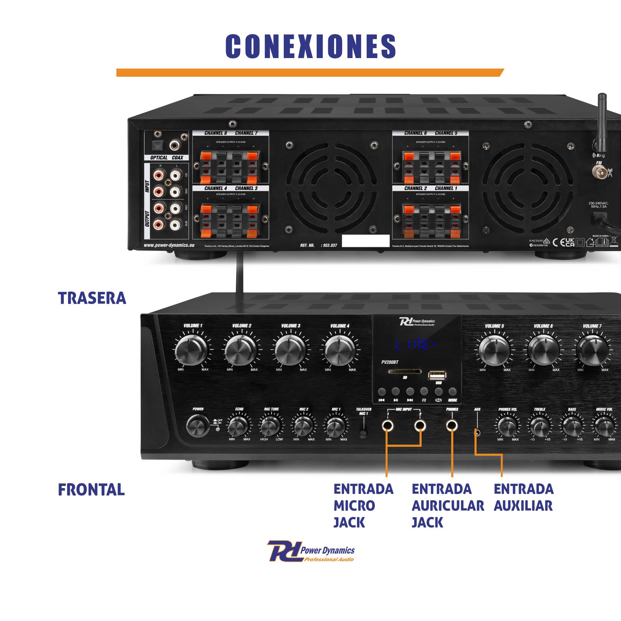 Power Dynamics PV280BT Amplificador de Audio multizona de 8 Zonas y 100 W, Amplificador multihabitación con Bluetooth, Reproductor MP3 USB/SD, Entrada óptica, Amplificador de Audio doméstico
