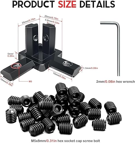 Miniatura 3 de 20 piezas negras 2020 Series en forma de L interior interior de esquina con tornillos + 1 llave para ranura de 0.236 in, accesorios de riel de