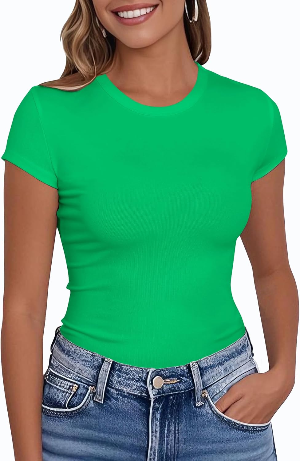 PALINDA Women's Short Sleeve Crew Neck Fitted Shirts Basic Casual Stretchy T Shirt Workout Tops