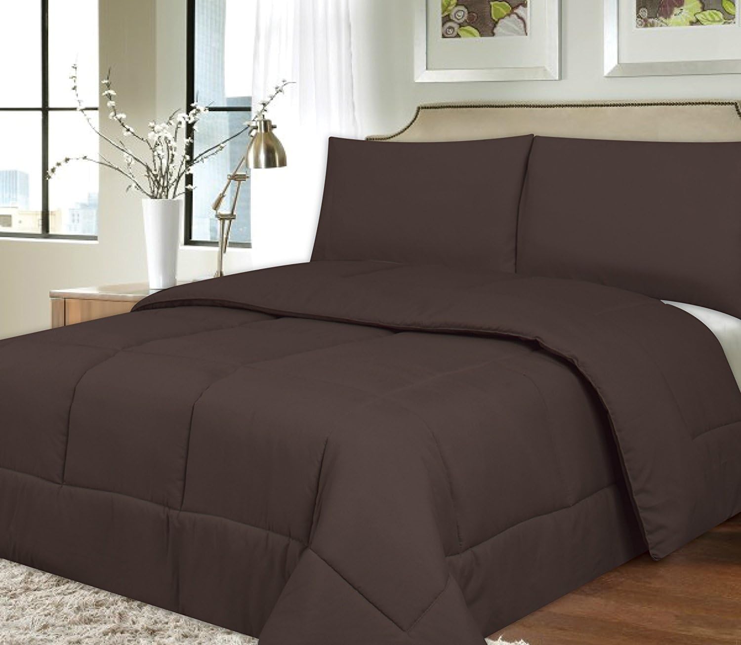Down Alternative Polyester Comforter Box Stitch Microfiber Bedding - Full, Brown