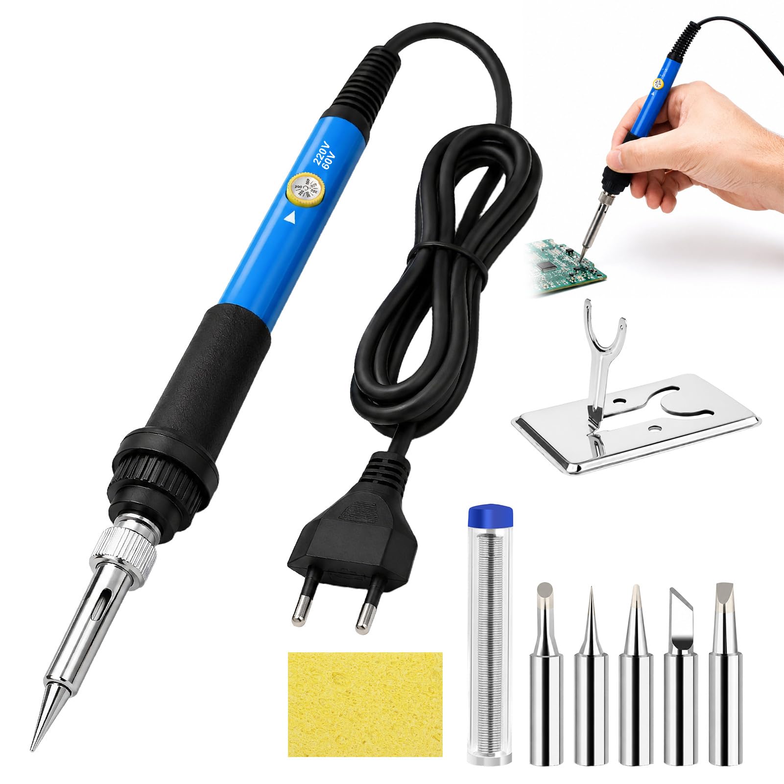 Tin Soldering Iron 60W, Tin Soldering Kit 9 Pieces with 5 Interchangeable Tips, Adjustable Electric Tanner, 392-842°F, Stand, Desoldering Pump, Welding Wire for Repair and Various Use