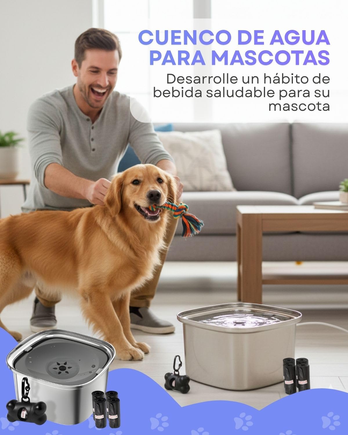 Bebedero Perro - 3L de Capacidad - Antigoteo, Antisalpicaduras y Antivuelco - Acero Inoxidable -Antideslizante - Apto Interior y Exterior - Incluye Dispensador + 4 Rollos de Bolsas