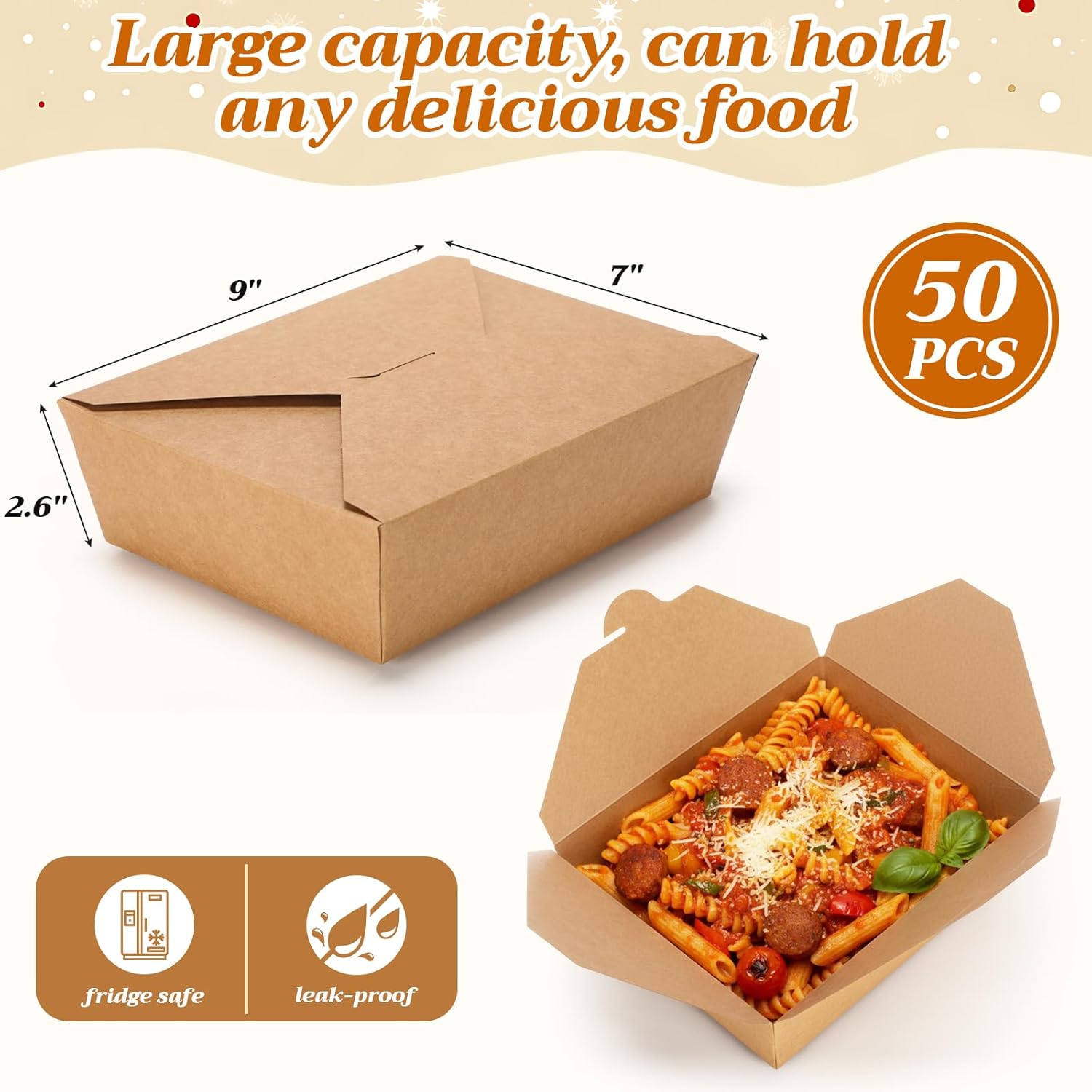 50 Pack 91 oz Large Take out Food Containers Microwaveable Kraft Brown to Go Boxes Disposable Paper Take out Boxes Leak and Grease Resistant Paperboard for Restaurant Household Party