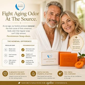 Persimmon Soap 3 Pack with Foaming Bag – Body Odor & Nonenal Deodorizing Soap Bar – Natural Persimmon Extract Anti Odor Soap for Men – Deep Cleansing & Long Lasting Freshness