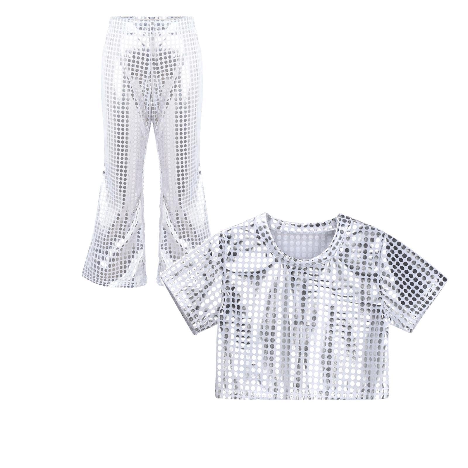 Kids Sequin Top and Flared Pants Two Piece Outfit Boys Girls Sparkly Metallic Crop Top Hip Pop Disco Party Dance Shiny Trousers Y2K Streetwear Dancewear for Carnival Jazz Dance Costume