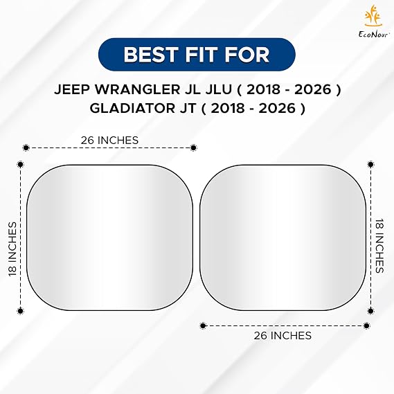 EcoNour 2-Piece Jeep Sunshade for Windshield Compatible with Wrangler JL JLU 20182025 & Gladiator 20202026, Foldable Sun Shade UV Block Heat Shield, Keeps Interior Cool, Upgraded Fit (26L x 18W)