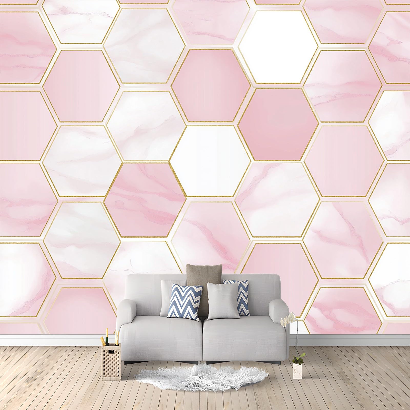 WHUOEUCO 3D Wallpaper Mural Geometric Pink Hexagons 350x256 cm Modern Art Wall Murals Photo Wallpaper, for Living Room Bedroom Children's Room Home Decoration, Easy to Install