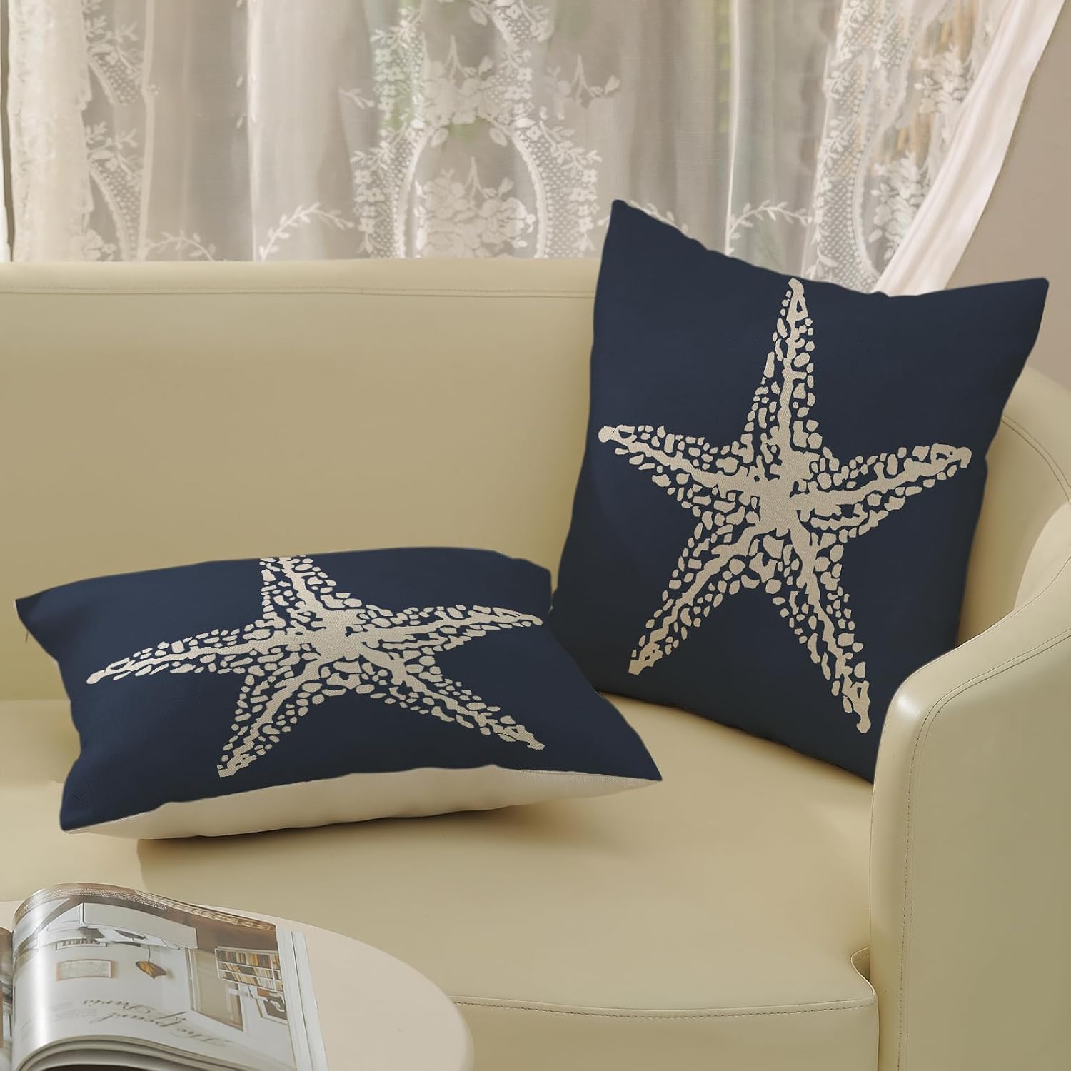 Navy Blue Coastal Pillow Covers 18x18 Inch 2 Pcs Summer Sea Starfish Decor Throw Pillows Nautical Beach Ocean Themed Outdoor Holiday Decoration Pillowcase Linen Cushion Cover for Couch Sofa - Image 4