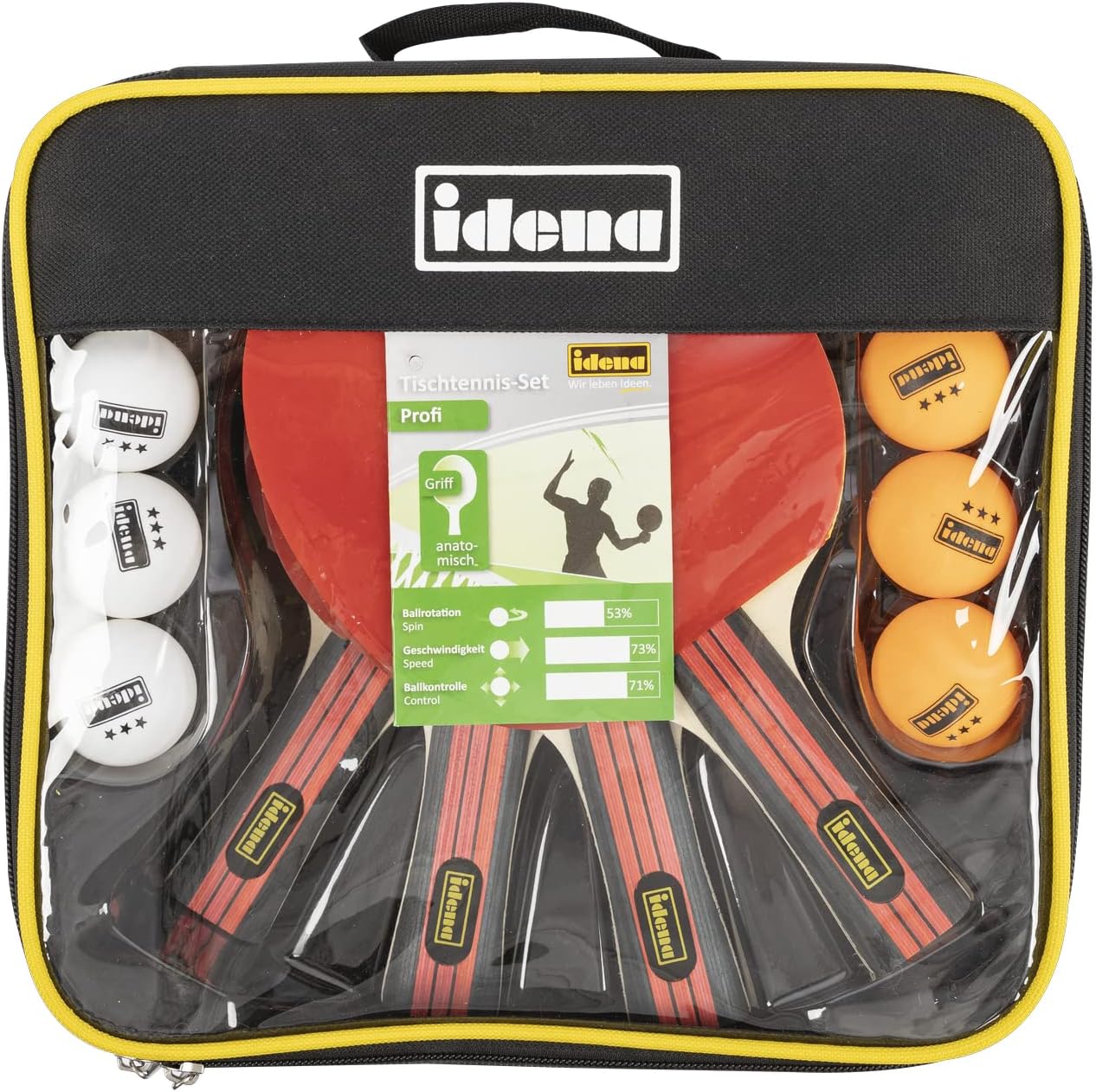 Idena 40222-12-Piece Table Tennis Set with 4 Table Tennis Bats and 8 Balls in White and Orange in 3-Star Quality, Packed in a Carry Bag