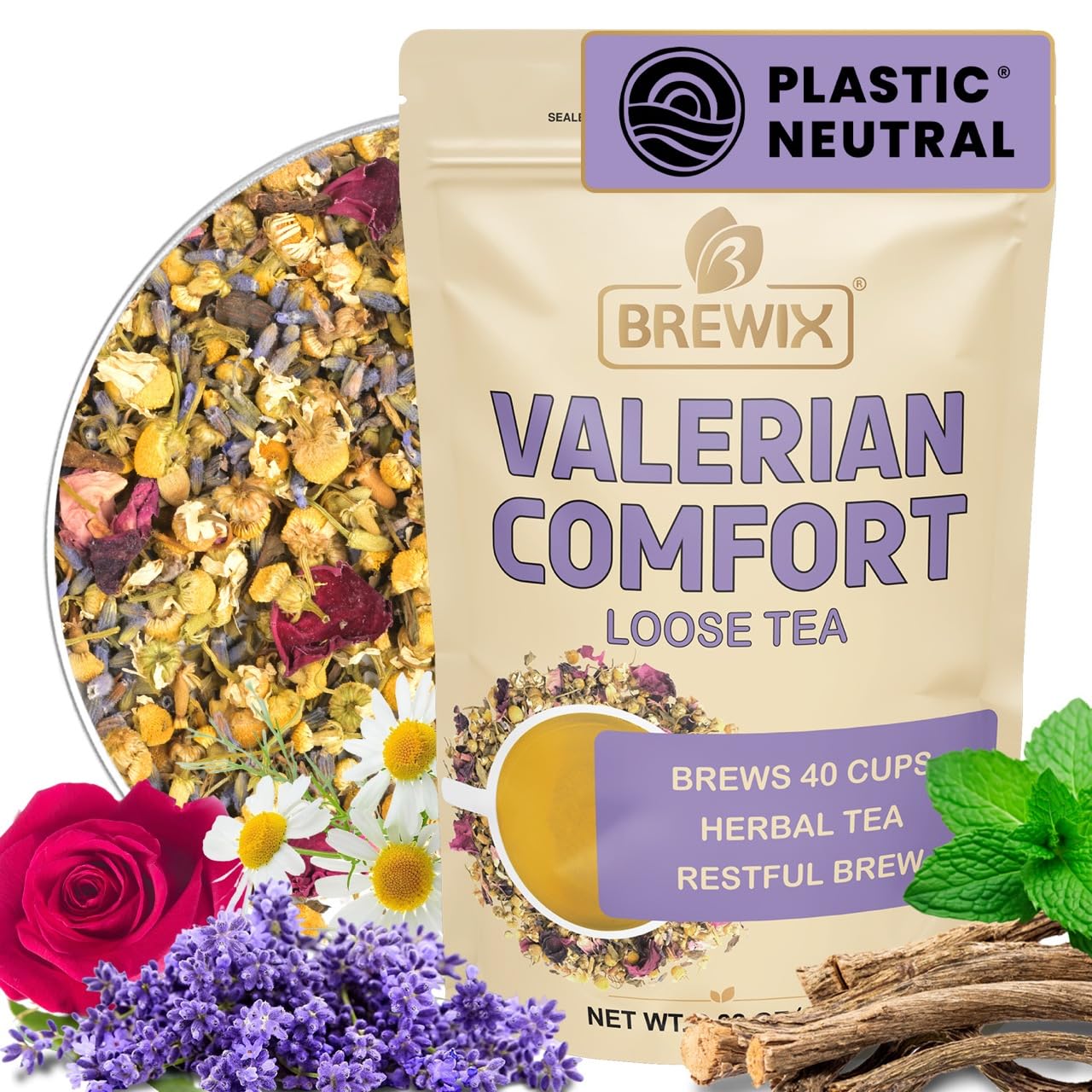 BREWIX, Valerian Comfort Tea for Sleep and Relaxation (40+ Cups, 2.82oz/80g) Caffeine-Free and Calming for Bedtime | Valerian Root, Chamomile &