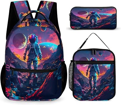 Astronaut Space Planet Galaxy Versatile 3-in-1 Travel Office Backpack Set, Durable Commuter Rucksack, Insulated Meal Prep Bag, Carry-On Suite for Business, Gym, Weekend Trips