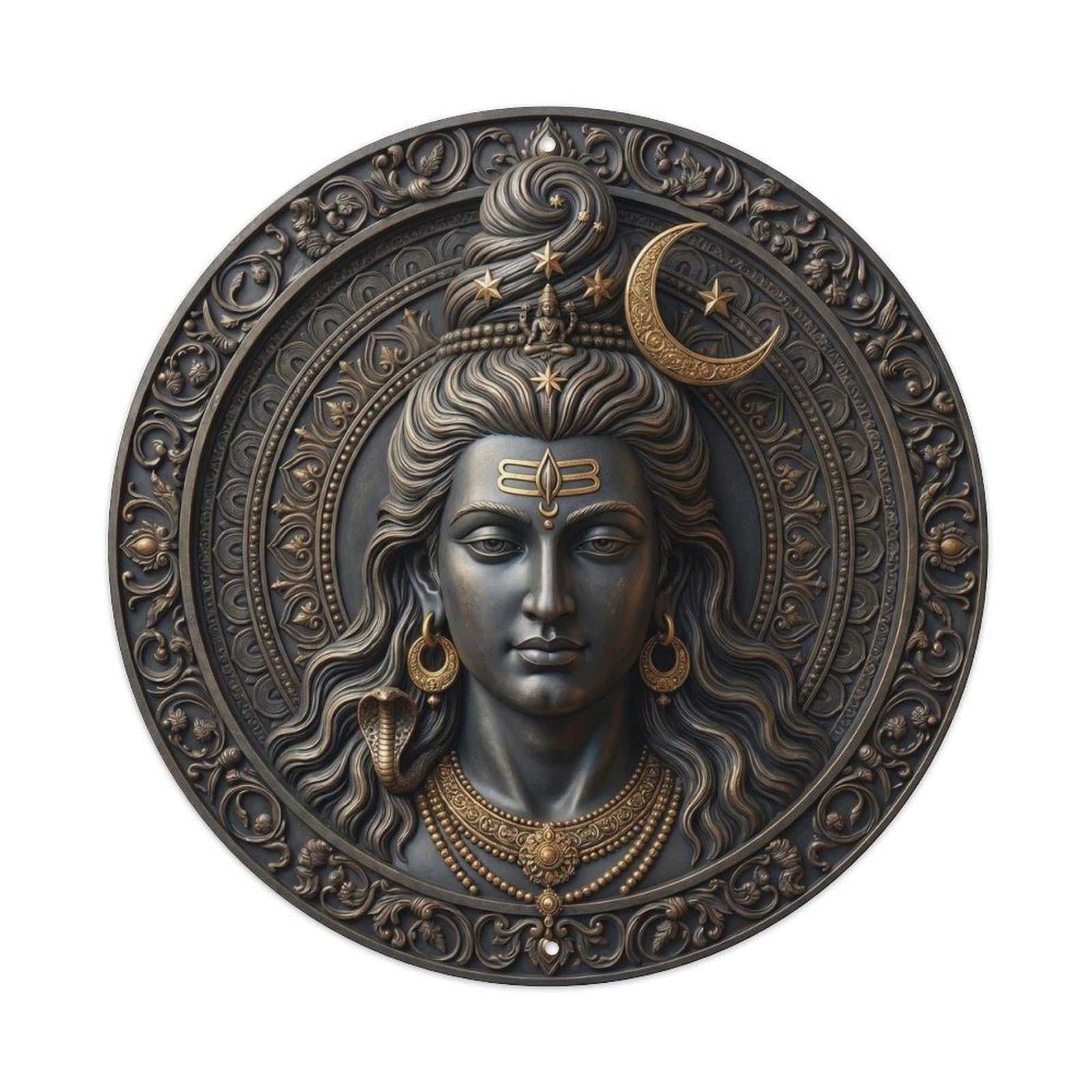 Shiva Crescent Moon Hair Time Symbol Relief Sculpture Metal Tin Sign