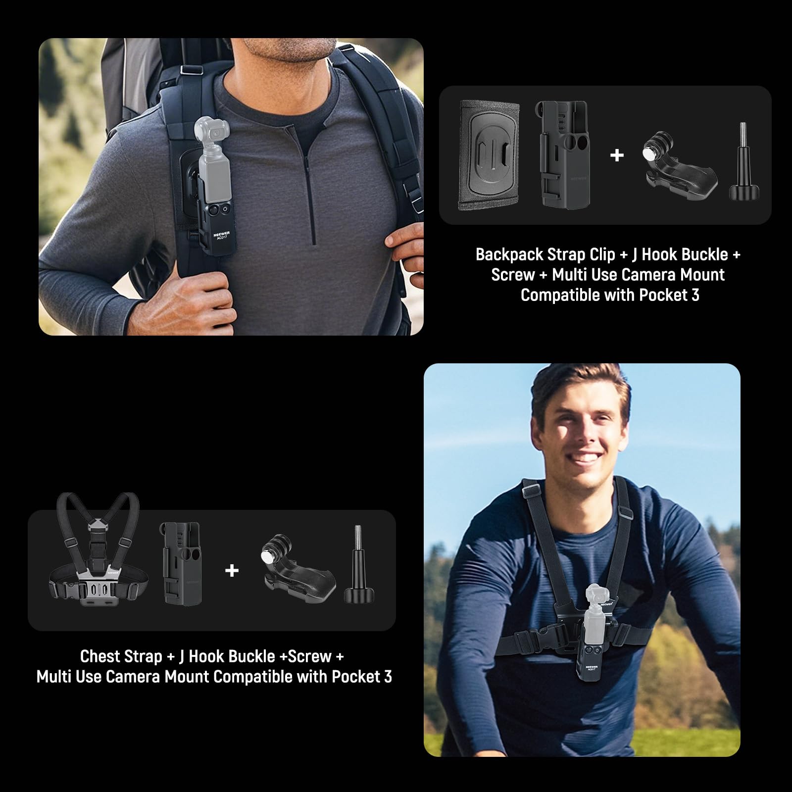 NEEWER Zestaw akcesoriów 16 w 1, kompatybilny z DJI OSMO Pocket 3 Creator Combo, mini statyw do selfie, pasek na klatkę piersiową, magnetyczny adapter do montażu na szyi, adapter do wspinaczki