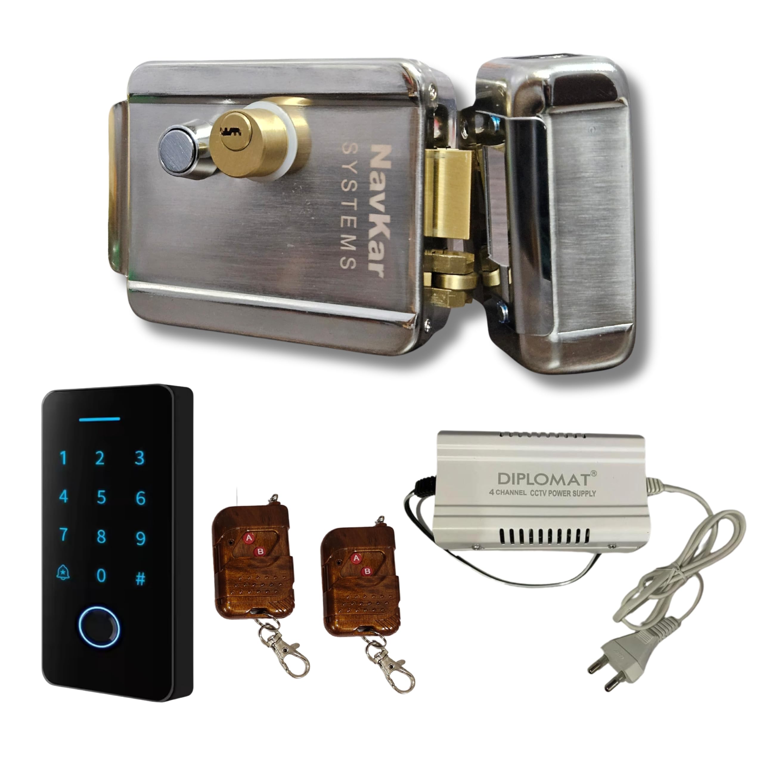 Navkar Systems Combo-CN65 Electronic Rim Lock with Weatherproof Finger Card Pin Remote Mobile App Access Control Panel with 2 Remotes, Can Operate Any Electronic Lock