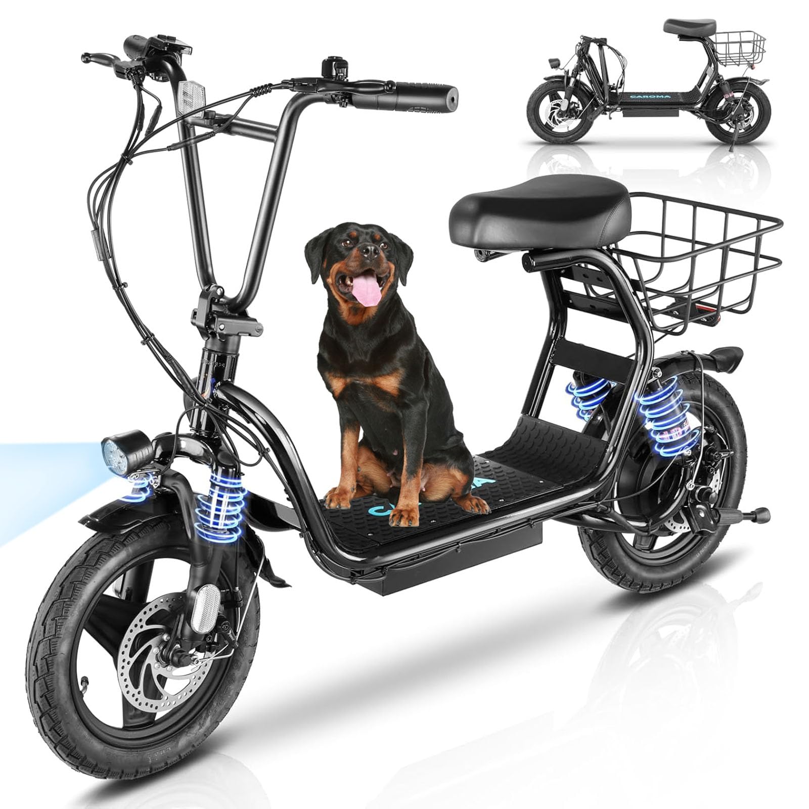 CaromaElectric Scooter with Seat, 14" Tire Foldable E-Scooter for Adults, 500/800/1200W Motor, Max 30Miles Ranges&20Mph, Dual Braking Dual Suspension, Stable Triangular Frame, 300lbs Max Load