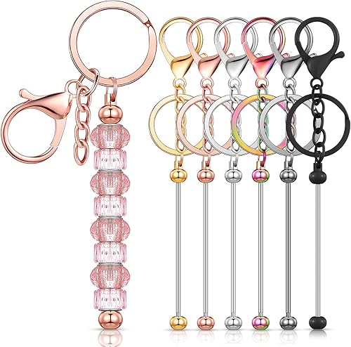 Huwena 6 piezas de llaveros con cuentas, barras en blanco, llavero de cuentas de metal con cuentas para colgante, manualidades, joyería, regalo