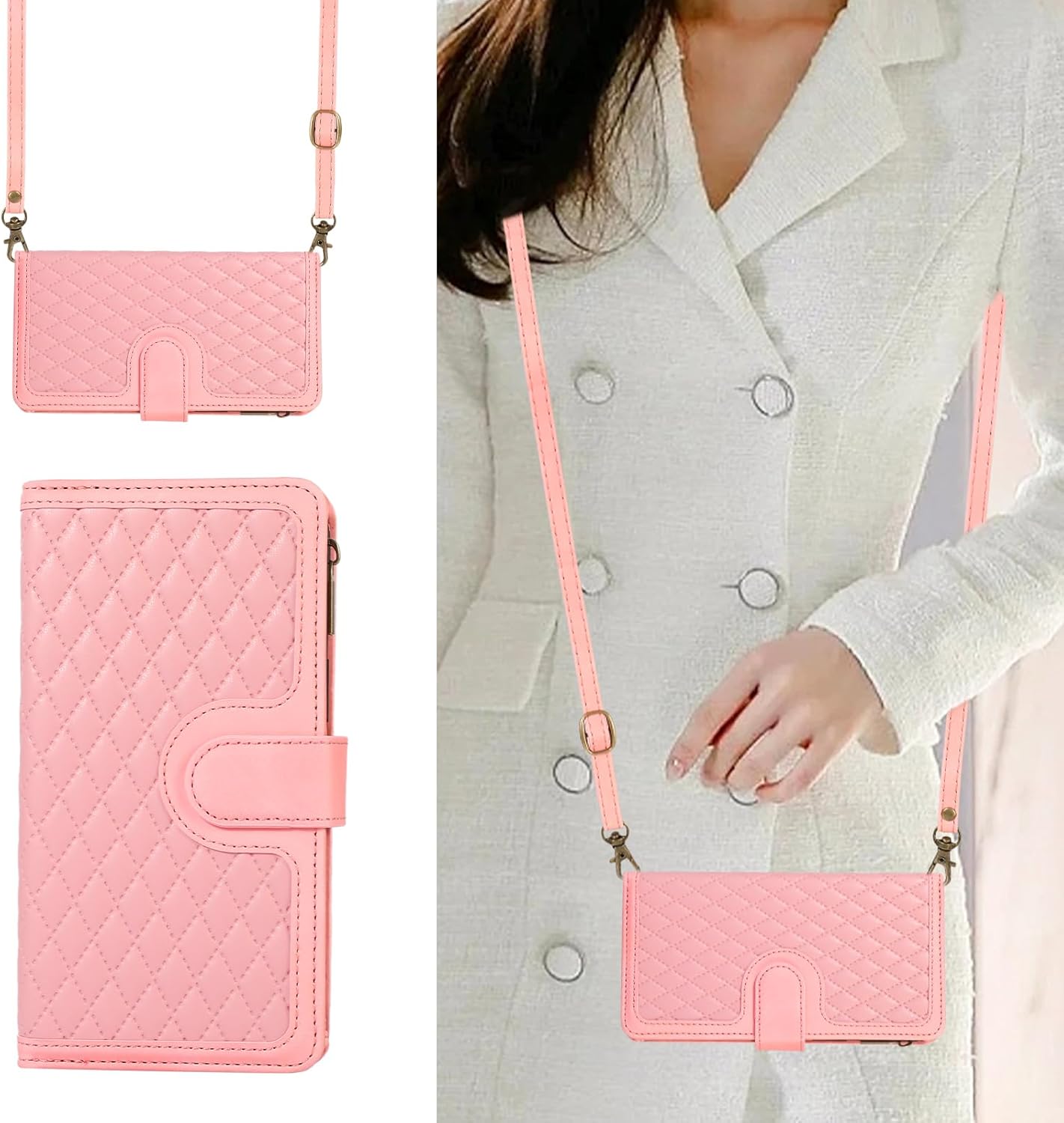 Asuwish Phone Case for Samsung Galaxy S25 Plus S25+ 5G Wallet Cover with Tempered Glass Screen Protector and Crossbody Wrist Strap Flip Zipper Card Holder Cell S25plus 25S + S 25 25+ Women Rose Gold - Image 5