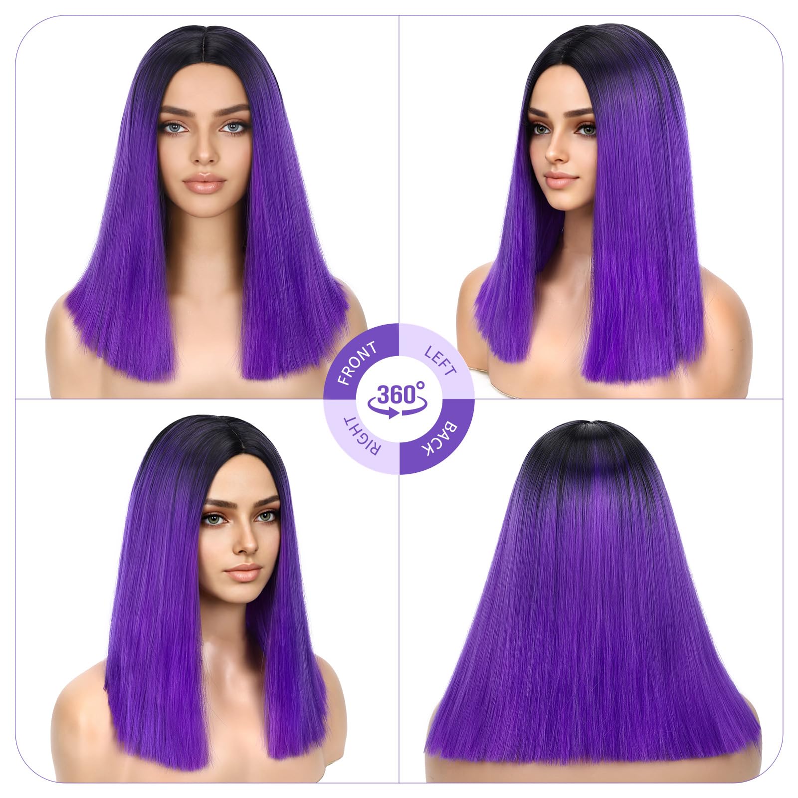 HANNE Ombre Black to Purple Wig Short Bob Wigs Shoulder Length Bob Hair Short Straight Hair Bob Wigs for Women Ombre Purple Wig Halloween Rumi Cosplay Wigs (Ombre Purple): 1-Ombre Purple
