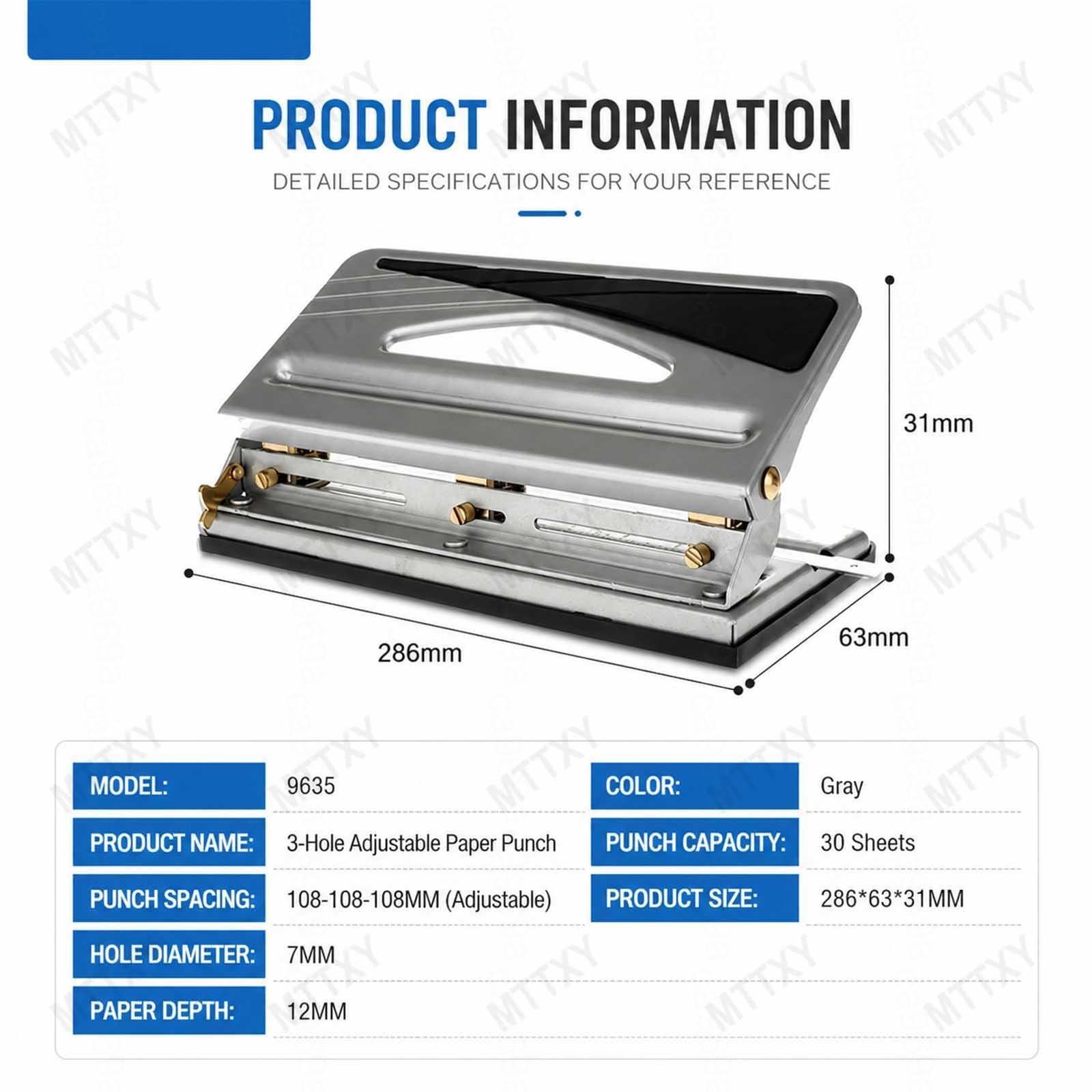 Perforatore a 3 Fori Regolabile in Metallo, Capacità 30 Fogli, Perforatrice Professionale per Ufficio Scuola Archiviazione Documenti