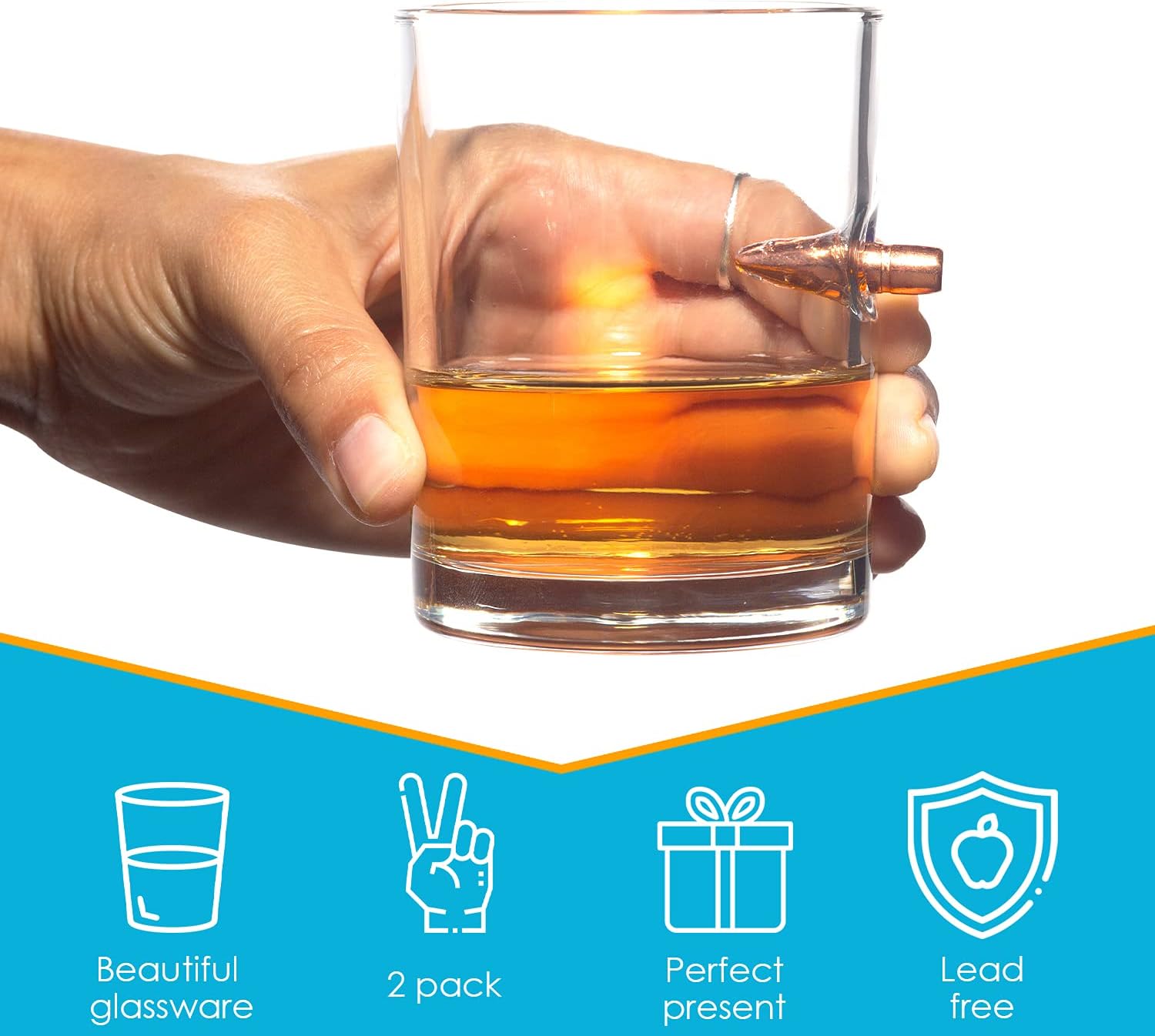 Best Cyber Monday 🔥 Houseables .308 Bullet Glasses, Glass Whiskey Cups, 9.5 OZ, 2 Pk, Rocks Cup, Drinking Lowball w/Round Embedded, Old Fashioned, Scotch, Bourbon, Copper Projectile, Cocktails, Gift Set, Gift for Men