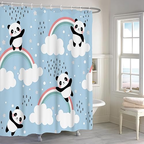 Renaiss Cortina de ducha con diseño de panda de 72 x 72 pulgadas, diseño de animales de dibujos animados, nubes blancas, cielo azul, arco iris,