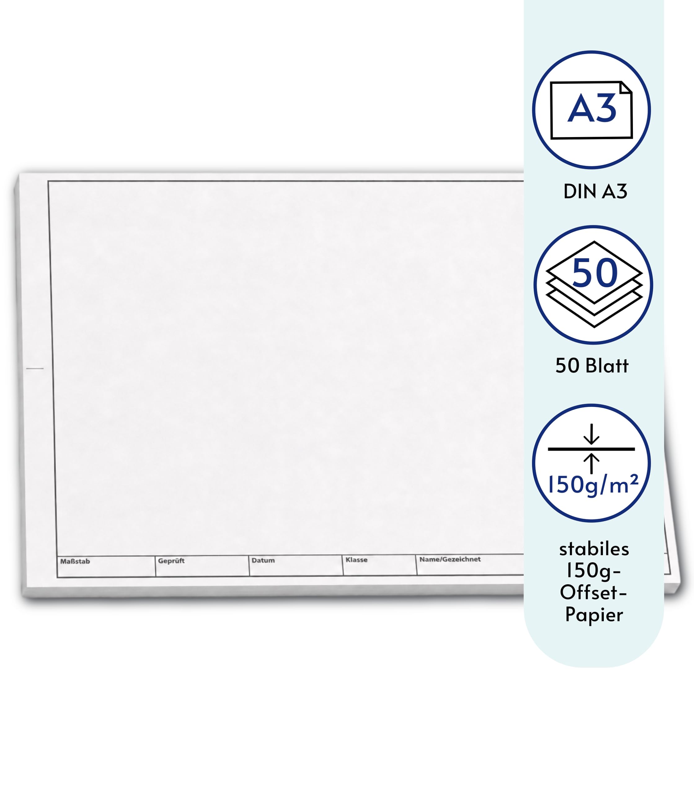 3x Block TZ Zeichenpapier A3, 50 Blatt, 150 g/m², mit Schriftfeld