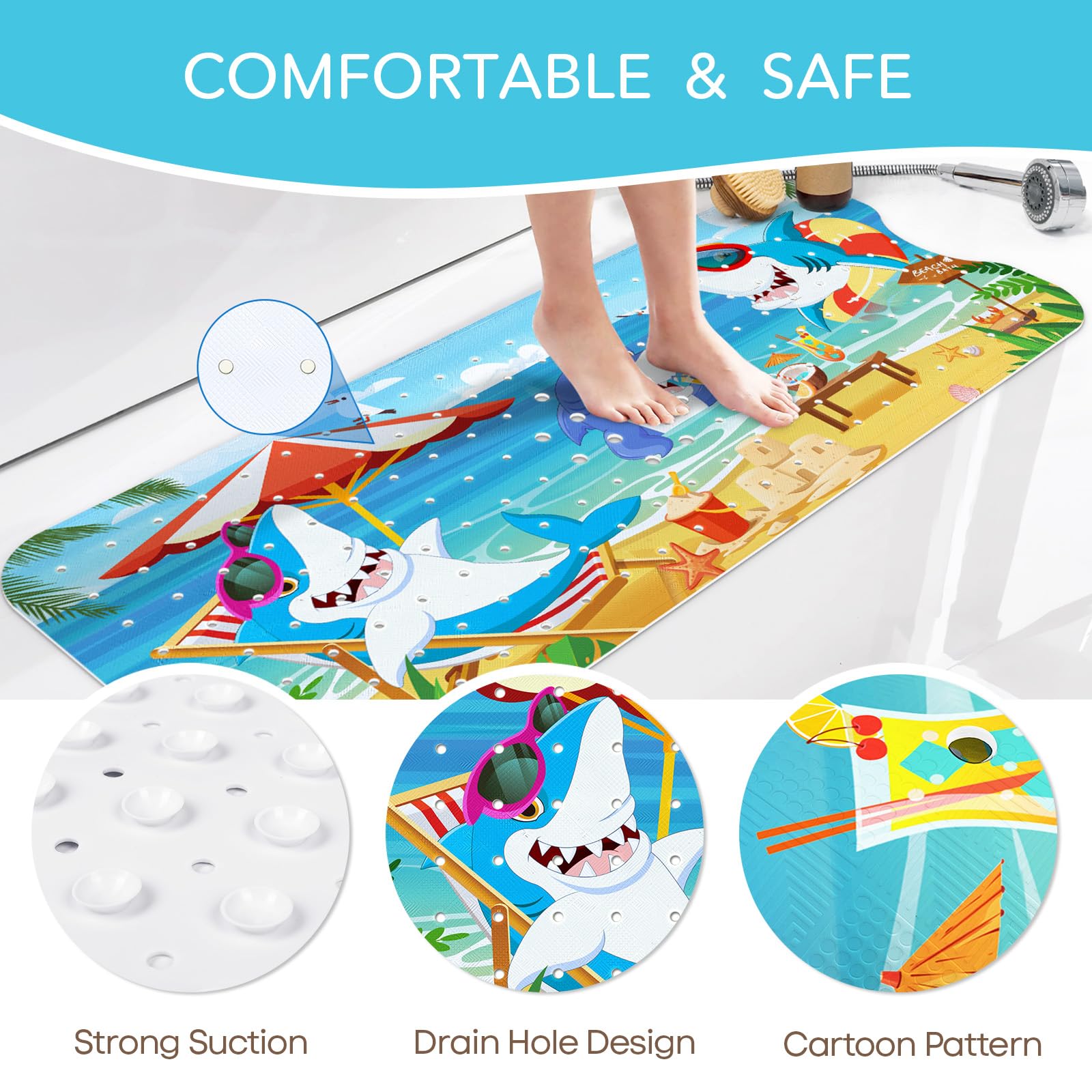 SHUCHING Tapis de Bain Antidérapant pour Enfants, Tapis Antidérapant Baignoire Bebe 100 X 40 cm, Tapis de Douche, 100% sans BPA et Lavable en Machine (Requin)