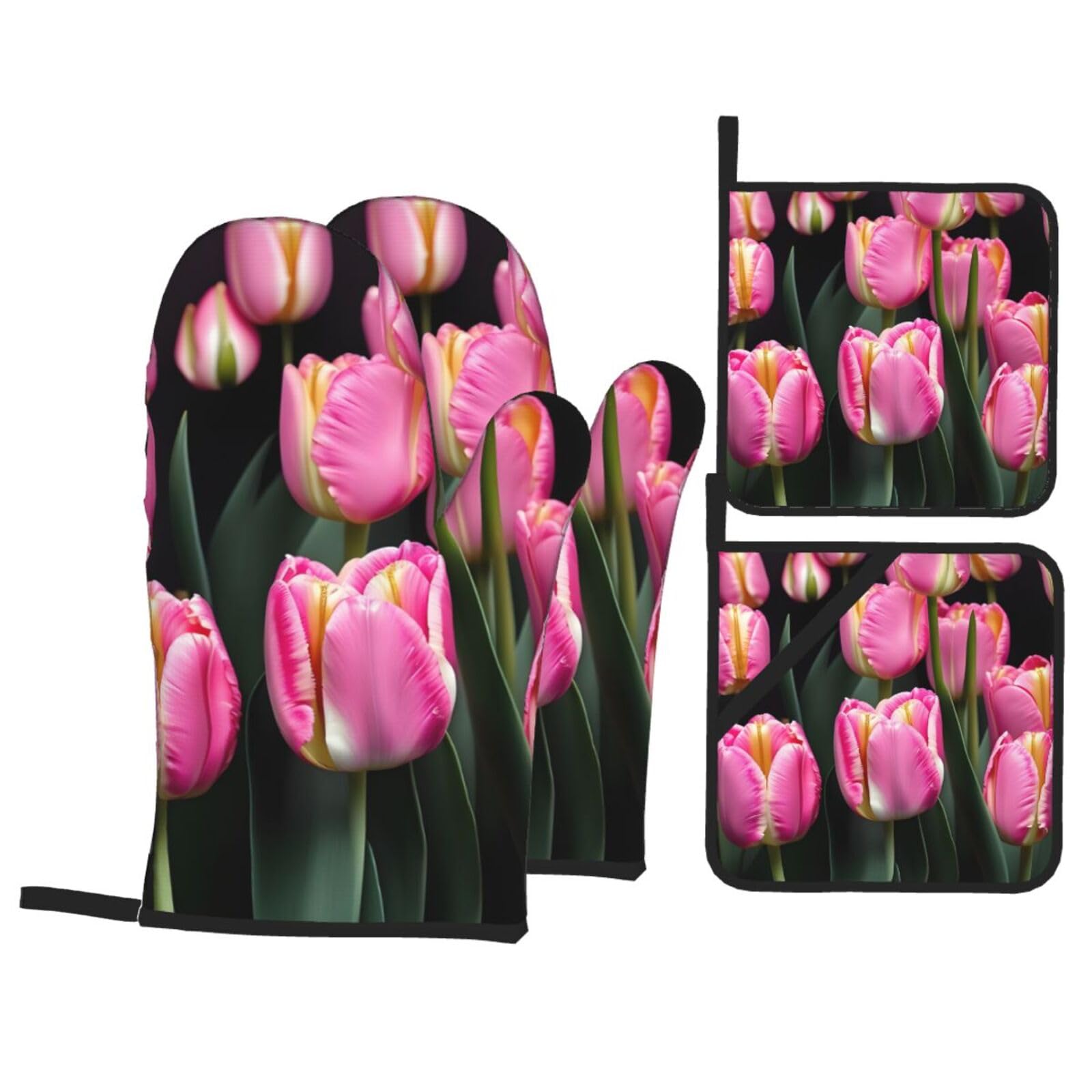 Nimongt Black Pink And Tulips Print Print Heat-Resistant 4-Piece Oven Kitchen Gloves For Baking Cooking Microwaving Essentials