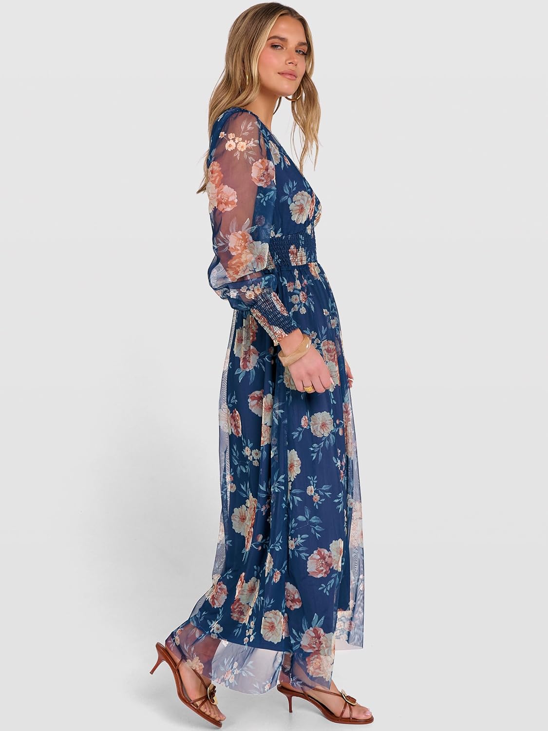 ANRABESS Women's Floral Maxi Dress 2025 Fall V Neck Puff Long Sleeve Flowy Casual Wedding Guest Tea Party Tulle Dresses - Image 5