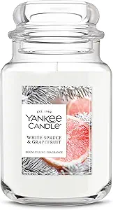 Yankee Candle Large Jar Scented Candle with up to 150 Hour Burn Time, Premium Plant Wax Blend for Consistent Burn, 22 oz Jar Candle with Room Filling Fragrance, White Spruce & Grapefruit