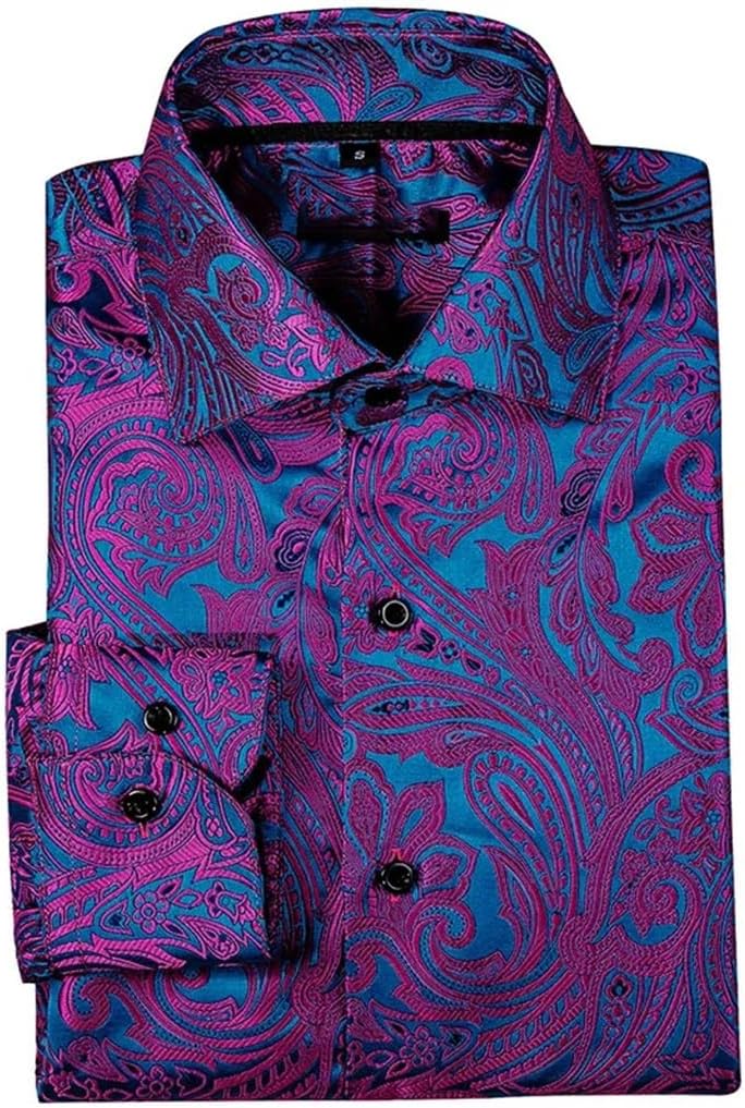 Formal Tops Shirts for Men Silk Long Sleeve Paisley Slim Fit Male Blouses Casual