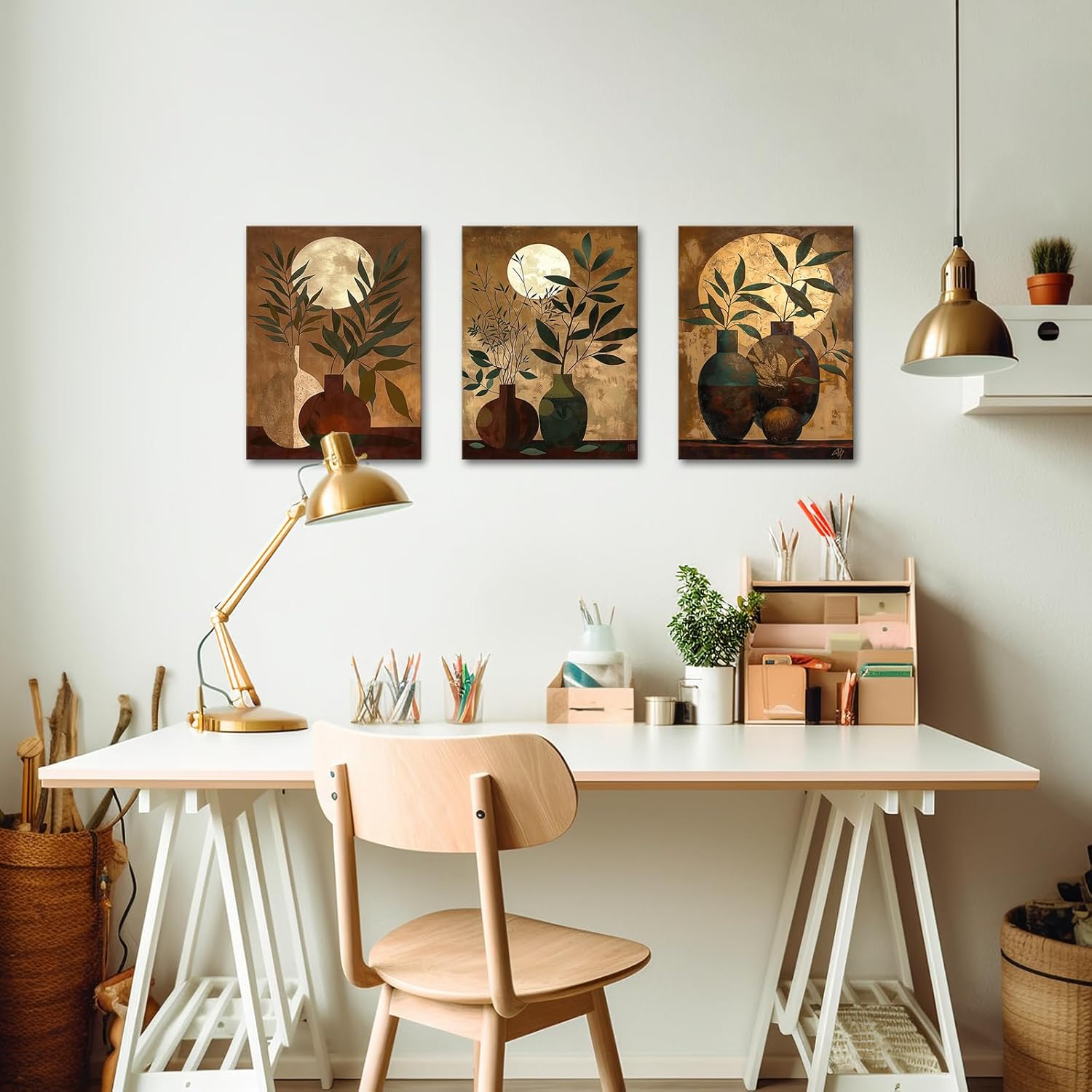 ChaudArt 3 Pieces Green Branch in Brown Vase with Moon Decor Paintings Modern Canvas Wall Art Decor Artworks Pictures for Living Room Bedroom Kitchen Decoration