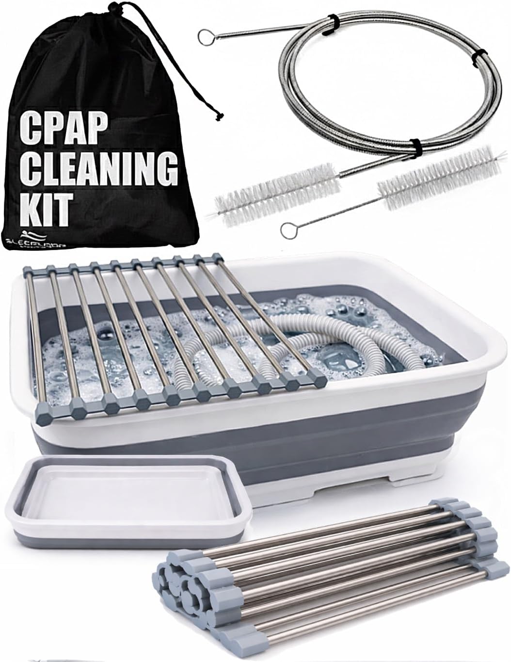 Drying Rack CPAP Cleaning Kit with Collapsible Wash Basin, Cleaning Brush & Drying Rack – CPAP Hose & Mask Cleaner Set – Grey | with Drying Rack